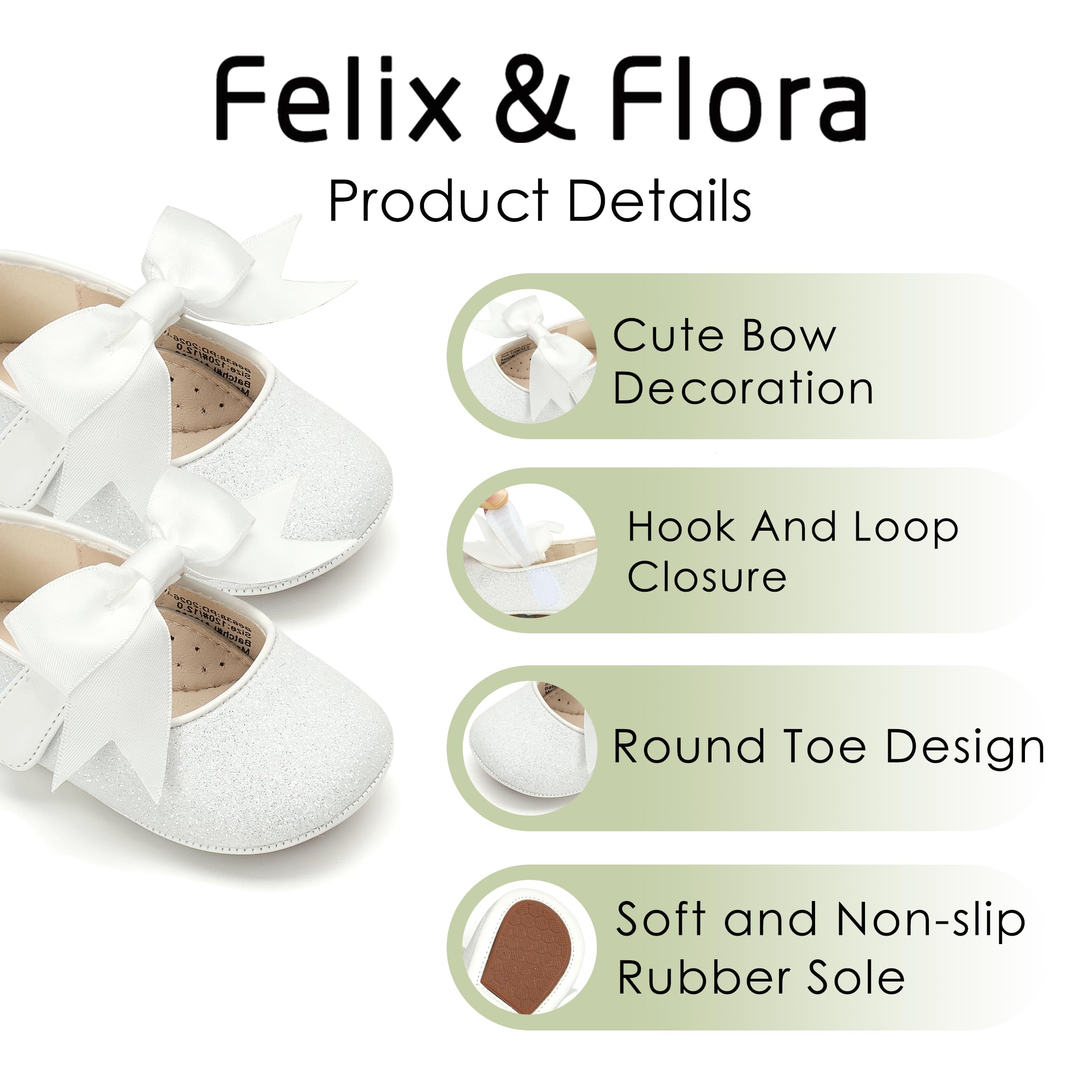Soft Sole Leather Glitter White Baby Shoes - Infant Baby Walking Shoes Moccasinss Rubber Sole Crib Shoes(Glitter White,12-18 Months Infant)