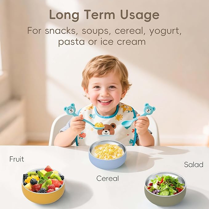 Bella's Friends Stainless Steel Baby Bowls with Silicone Sleeve 3 Pack, 4.3" for Toddlers Kids Feeding, Non-Slip, Non-Toxic, Mess-Free, Dishwasher Safe, Fit High Chair Size