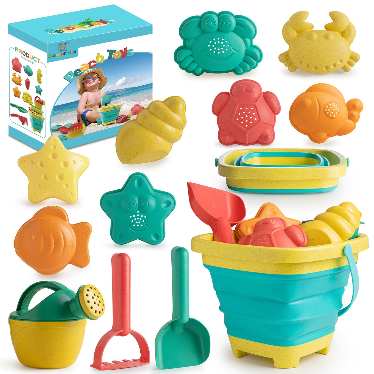 Beach Toys for Kids 12 PCS - Collapsible Sand Toys Set for Toddlers