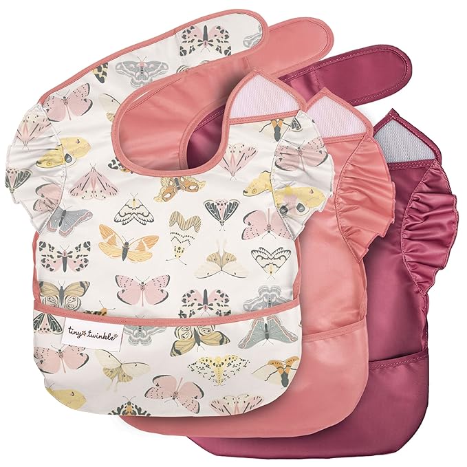 Tiny Twinkle Mess Proof Baby Bibs for Eating – Waterproof, Wipeable Toddler Bibs with Pocket – Baby Food Bibs for Girls & Boys(3 Pack,Flutter Set)