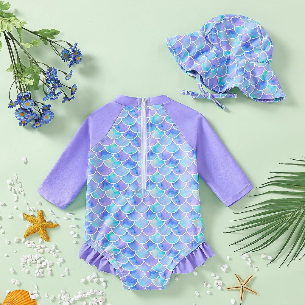 WOLBAY Baby Girl Swimsuit Long Sleeve One Piece Rash Guard with Sun Hat Zipper Bathing Suit Size 0-2T (US, Age, 0 Months, 3 Months, Purple)