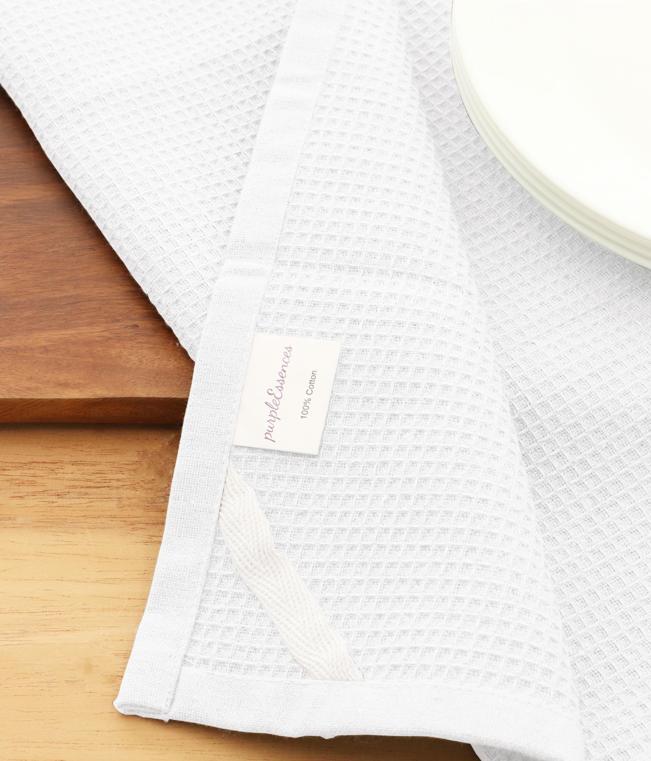 PurpleEssences Waffle Weave Kitchen Towel, 100% Cotton - 15x25 Inches with Hanging Loop, Ultra Soft Absorbent Quick Drying Dish Cloth, Tea and Hand Towels, 4 Pack - Spring Easter Summer - White