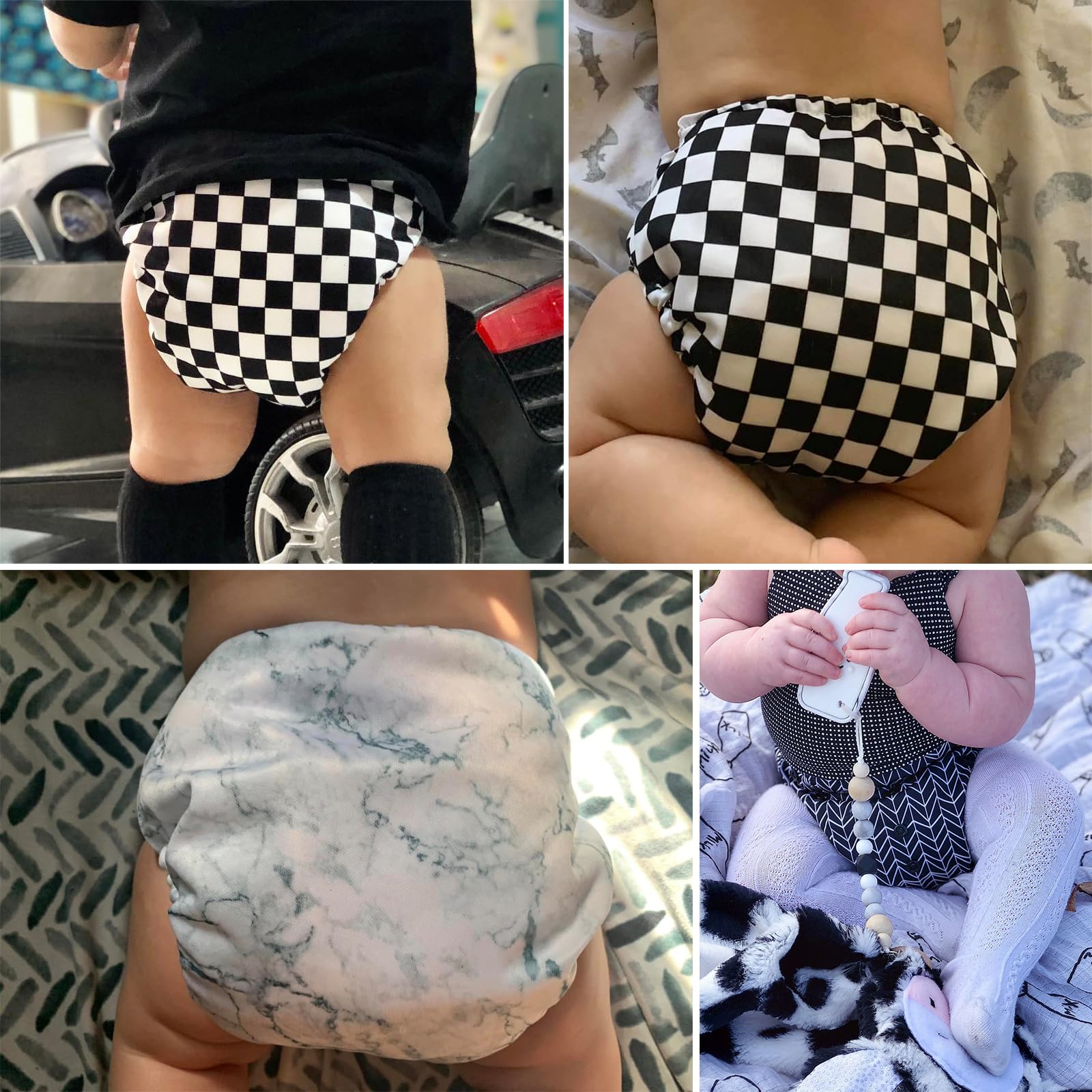 Mama Koala 3.0 Pocket Cloth Diapers for Babies with AWJ Lining, 6 Pack with 6 4-Layer Natural Cloth Diaper Inserts - Reusable and Washable Pocket Diapers (Black and White)