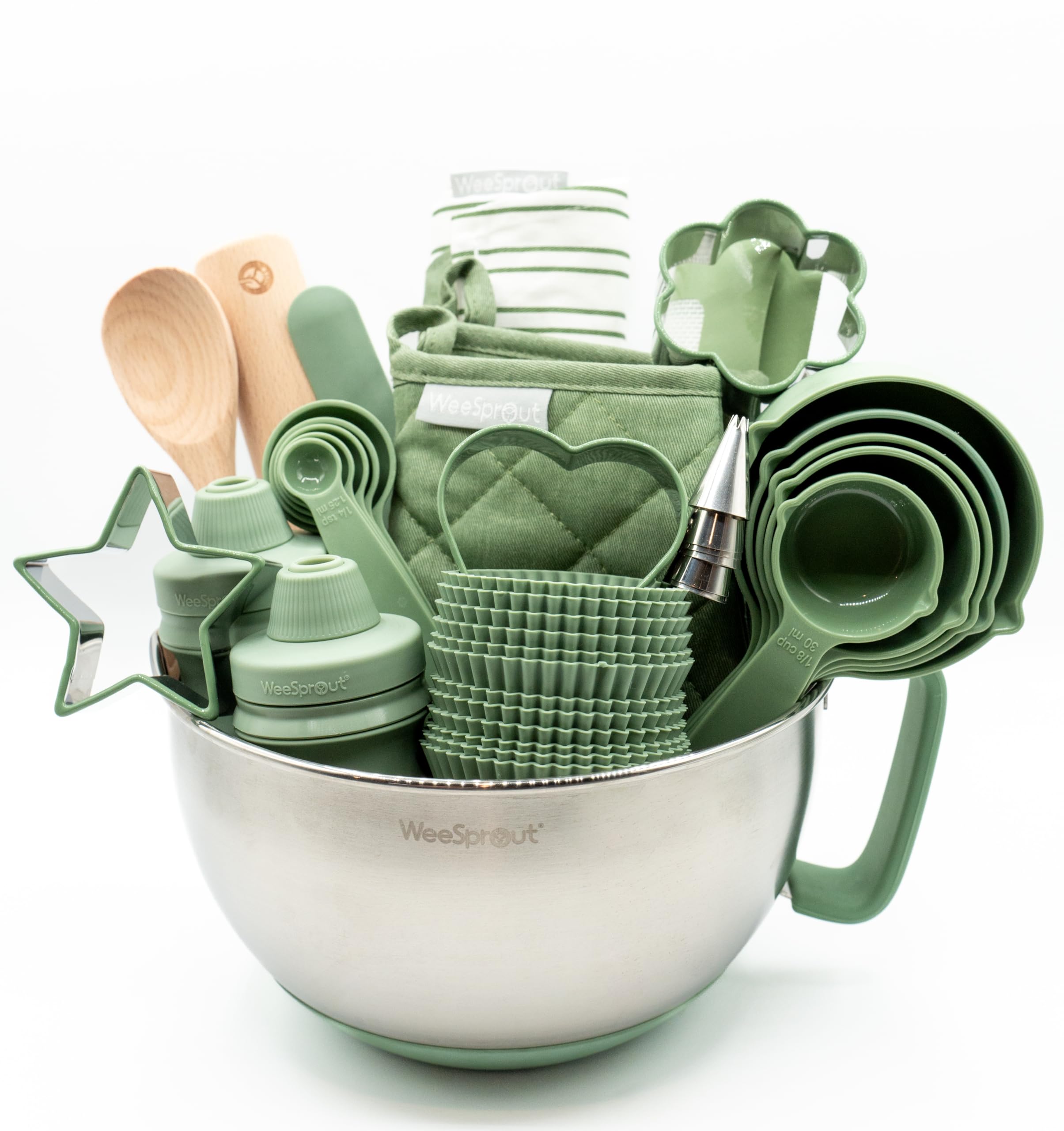 Ultimate Baking Kit for Kids - Kids Baking Set with Child Sized Utensils - Includes Apron, Oven Mitts, Silicone Mats & Liners - Perfect Cooking Set for Ages 6-12 - Gift for Children Green