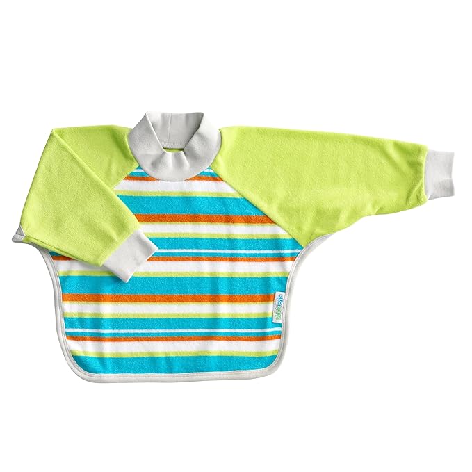 Kiddologic Bibit-all Baby Feeding Bib, Long Sleeves, Ribbed Cuffs, High Collar, Stretchy Pullover Smock, Soft Absorbent Terry, Waterproof Lining, Unisex Infant 6-12 Months, Fresh Lime (Green) Stripe