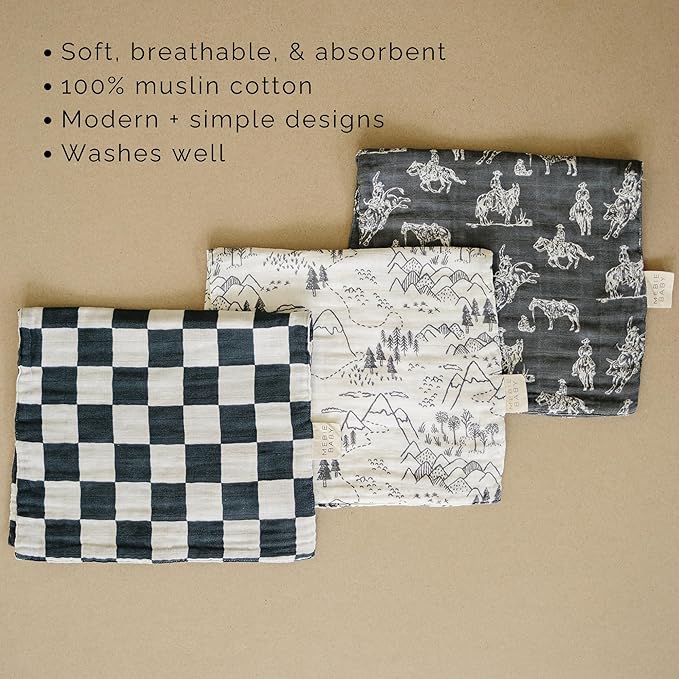 Mebie Baby Burp Cloths, Western, Muslin Burp Cloth Set for Spit Up, Drool, and More, Boho Burp Cloths for Baby Boy and Girl, Baby Must Haves for Registry Lists and Gifts for Newborns
