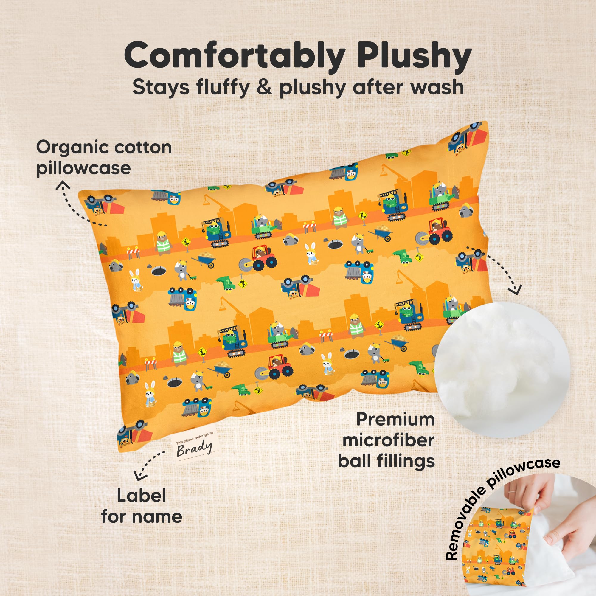 Mini Toddler Pillow with Pillowcase, 9x13 My Dreamy Pillow(Little Builders)