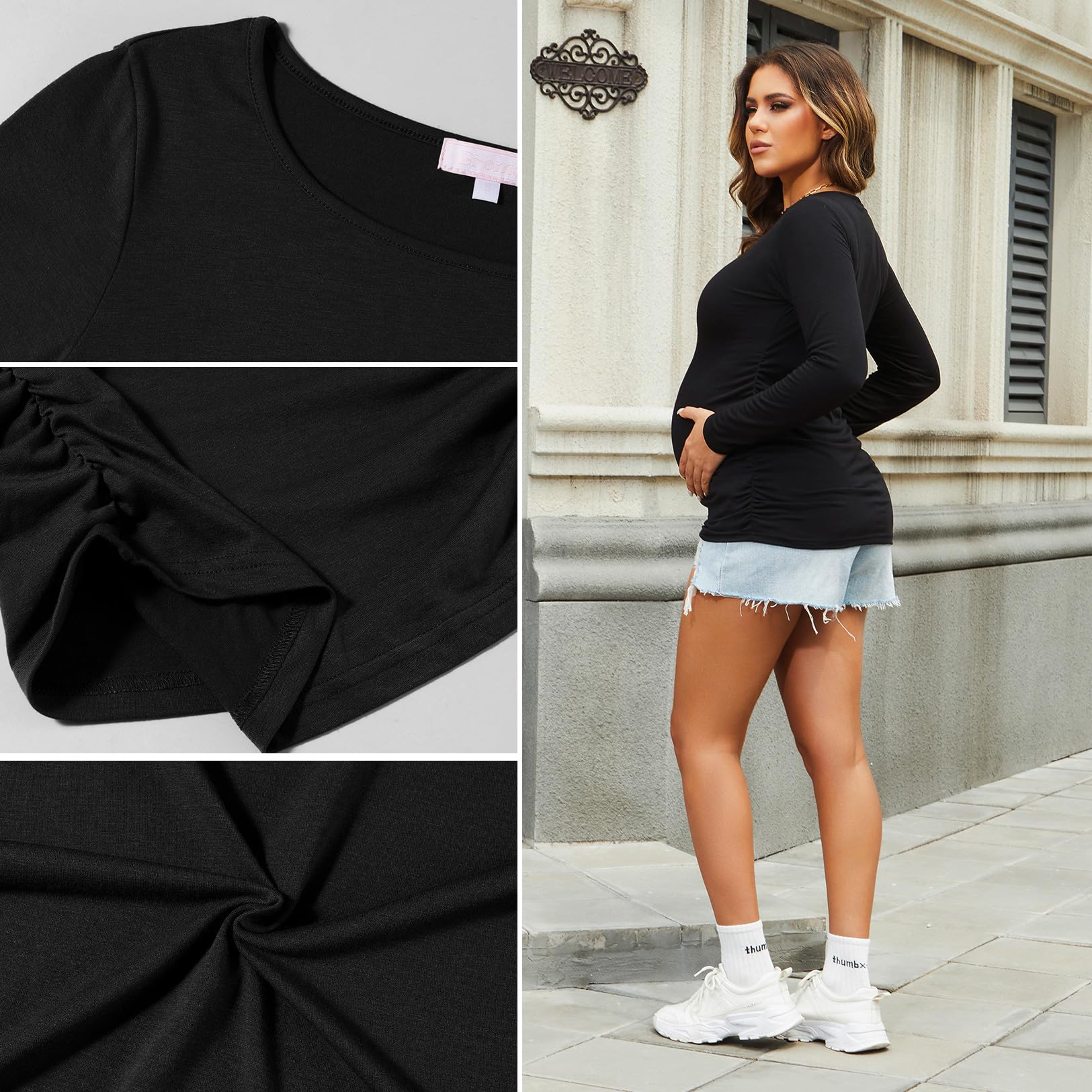 Women's Maternity Shirts 3 Packs Long Sleeve Pregnancy Tops Basic Side Ruched Tunic Blouse,Black/Black/Black L