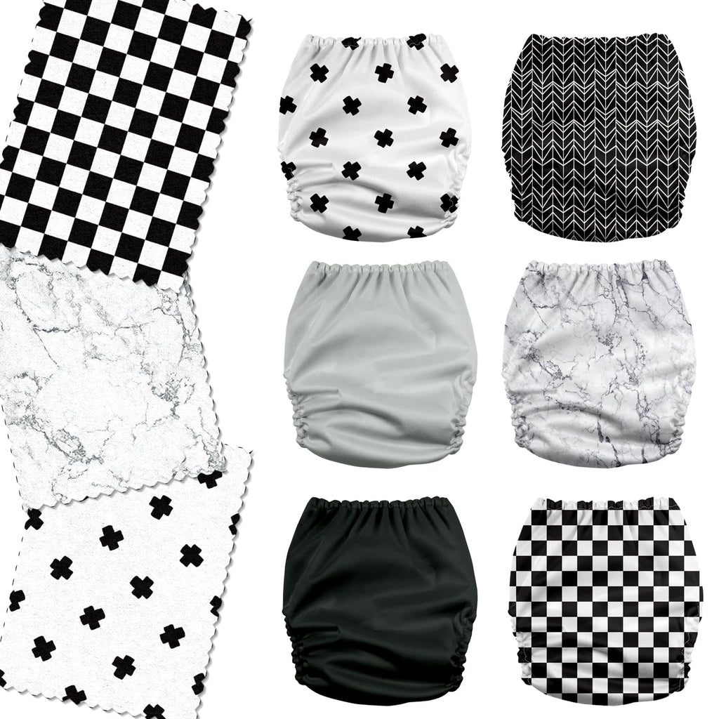 Mama Koala 3.0 Pocket Cloth Diapers for Babies with AWJ Lining, 6 Pack with 6 4-Layer Natural Cloth Diaper Inserts - Reusable and Washable Pocket Diapers (Black and White)