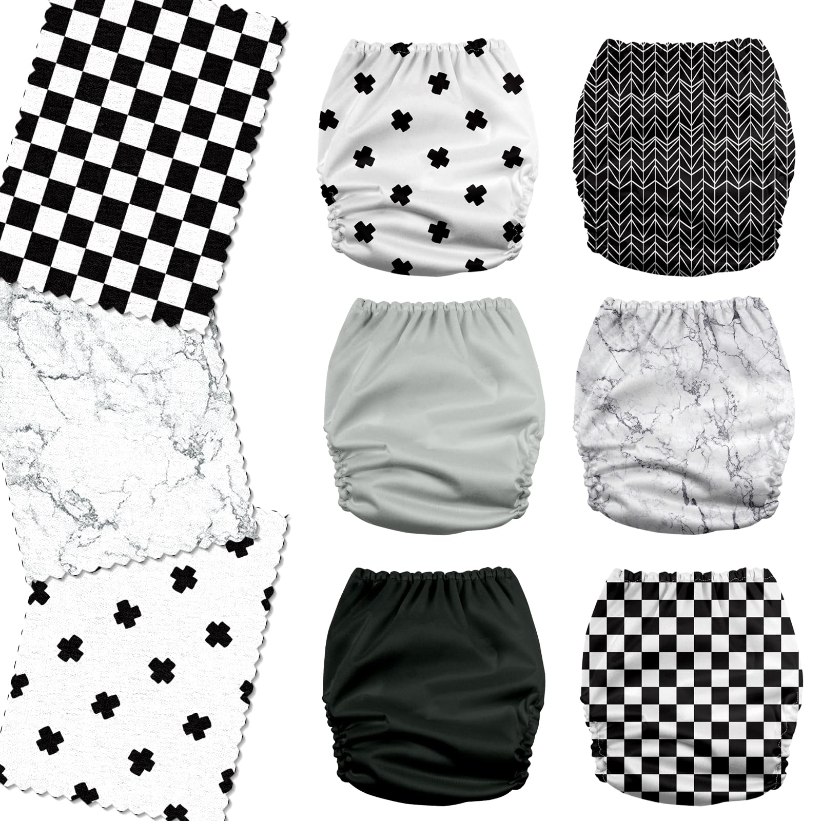 Mama Koala 3.0 Pocket Cloth Diapers for Babies with AWJ Lining, 6 Pack with 6 4-Layer Natural Cloth Diaper Inserts - Reusable and Washable Pocket Diapers (Black and White)