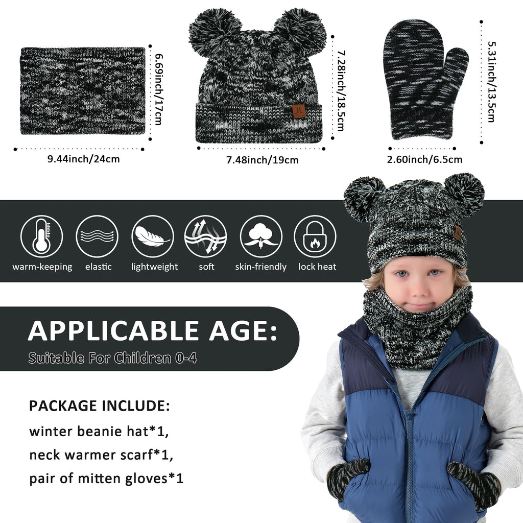 Kids Toddler Infants Winter Hats Scarfs Gloves Set Pompom Beanie Caps Mittens Neck Warmer with Fleece for 0 6 12 18 Months 1 2 3 4 Years Old Baby Girls Boys Gifts