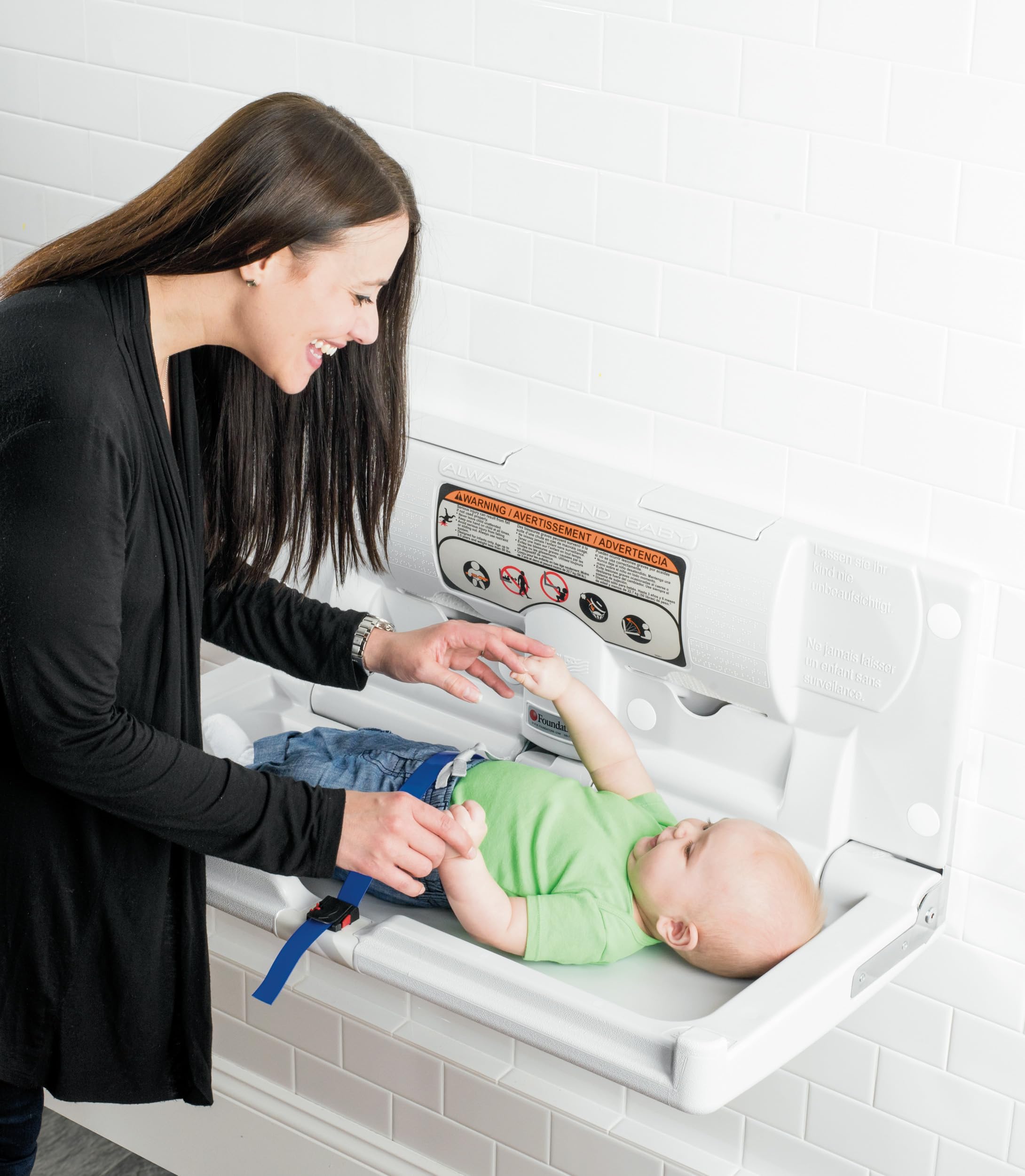 Foundations Classic Horizontal Baby Changing Station w/EZ Mount Backer Plate, Wall Mounted, One Handed Adjustable Safety Strap & Liner Dispenser, Gray (100-EH-BP)