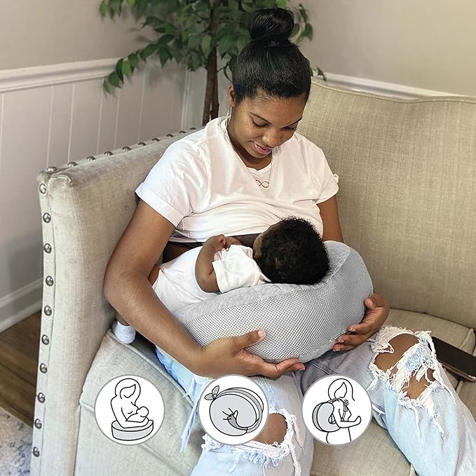 Boppy Anywhere Travel Nursing Pillow, Soft Gray, Plus Sized to Petite with Stretch Belt, Portable Nursing Pillow, Breastfeeding and Bottle-Feeding Support, Machine Washable