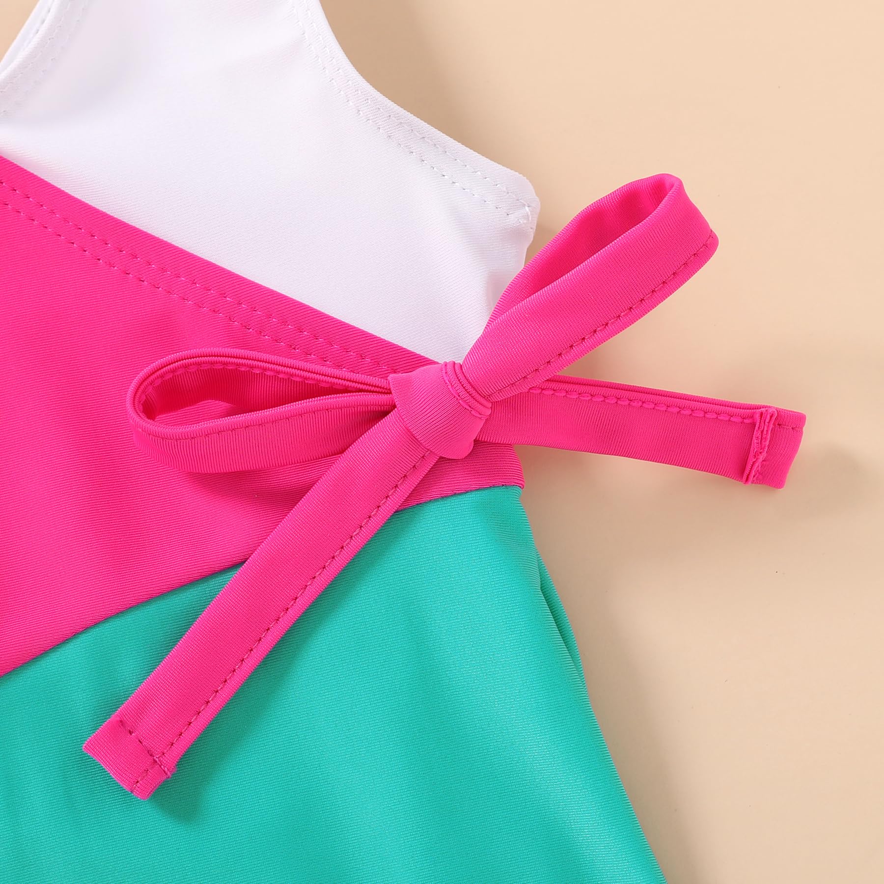 Happy Town Toddler Swimsuit Girl One Piece Bathing Suit Color Block Swimwear Baby Summer Beach Wear(6-7 Years,White Pink Blue)