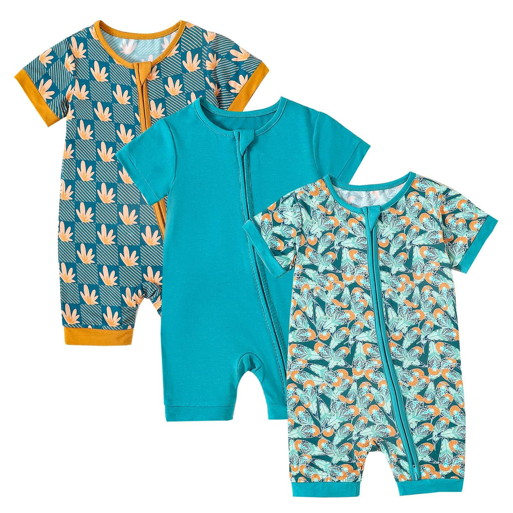 OPAWO Baby Girl Pajamas 3 Pack, 2 Way Zipper Sleepers Baby Girl Girl Romper, Toddler Summer Clothes Outfits 0-24M(Flower/Leaf/Lake Blue,12-18 Months)