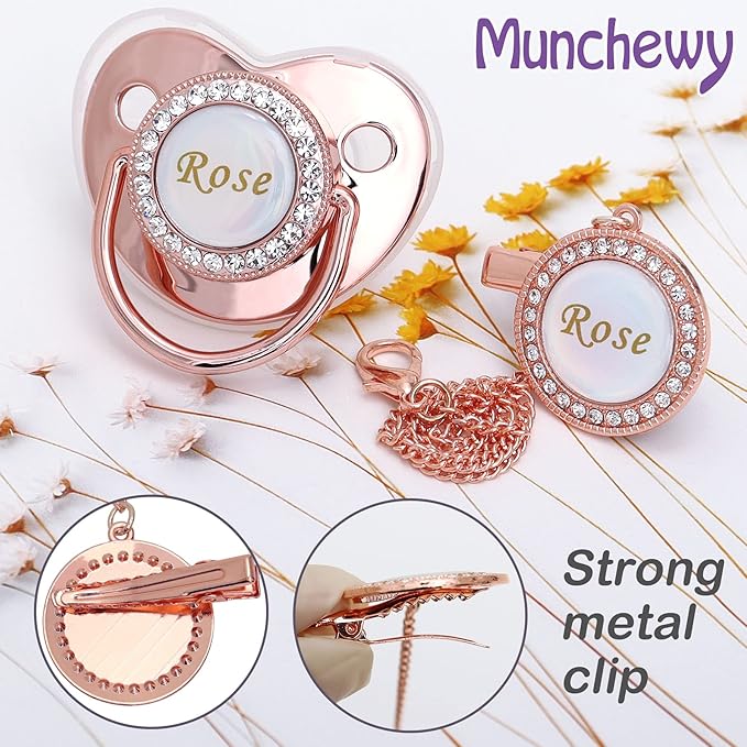 Personalized Pacifier with Name, Bling Pacifier Clip Set with Gift Box Greeting Card, Glitter Crystal Luxurious Soother Dummy Ideal Gift for Girl Baby Shower Newborn Photography(Rose Gold)
