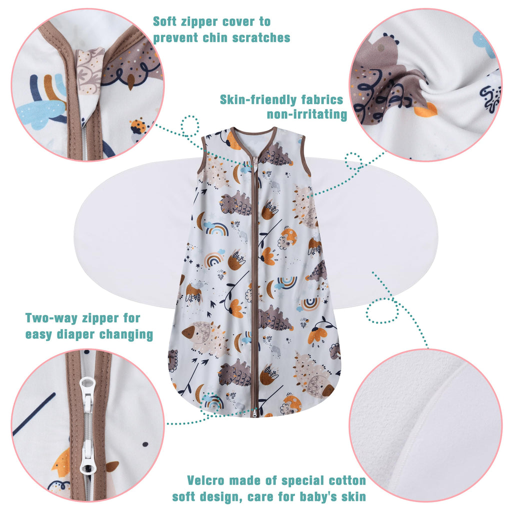 BSTOPPT Newborn Sleep Sack Baby Swaddle,3-Way Adjustable Wearable Blanket,100% Rayon Cotton Swaddling Sleeping Bag，TOG 0.5 (Fox & Dinosaurs, 6-12 Months)