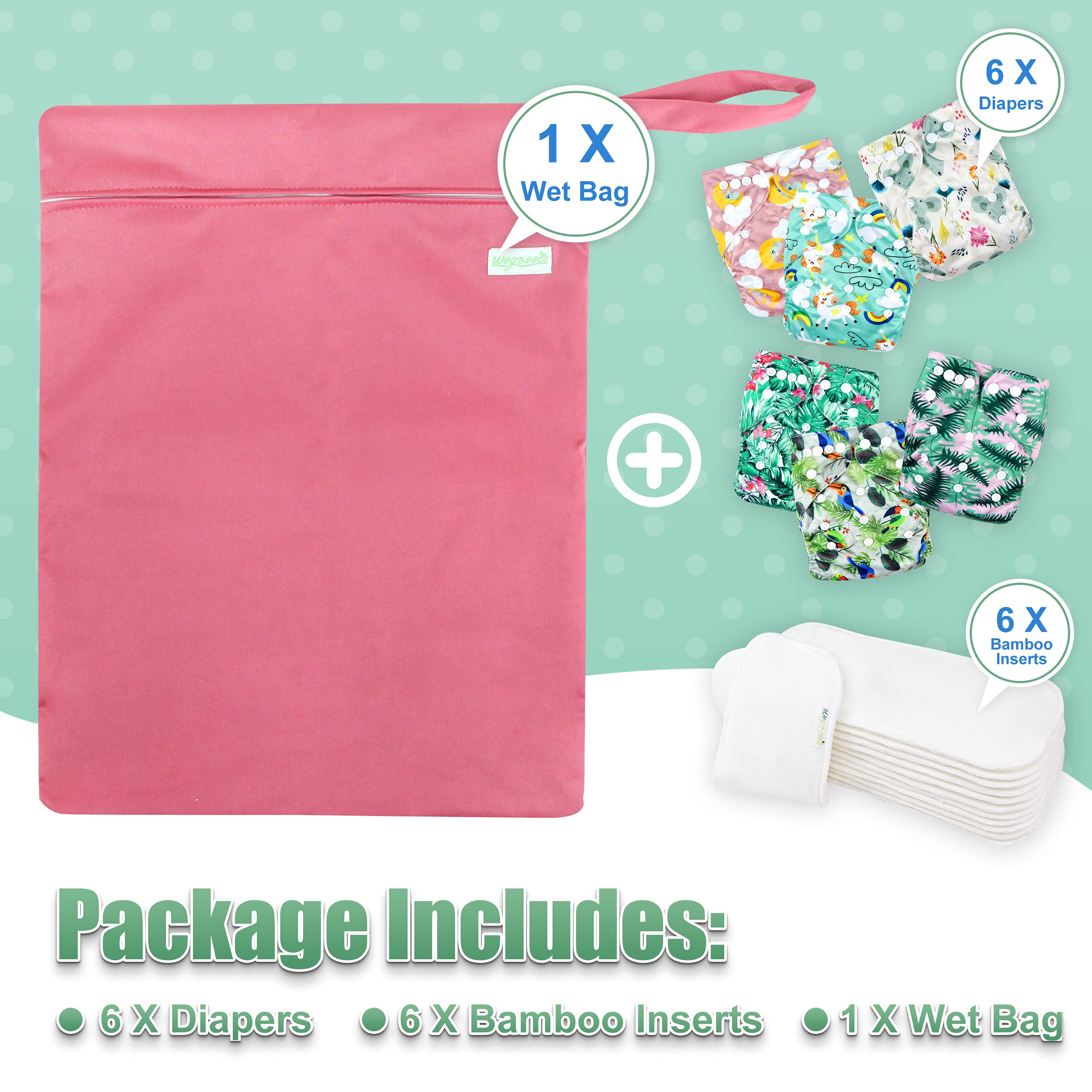wegreeco Cloth Diapers 6 Pack with 6 Inserts & 1 Wet Bag, Washable Cloth Diapers for Babies, One Size Adjustable Reusable (Rainbow, Horse)