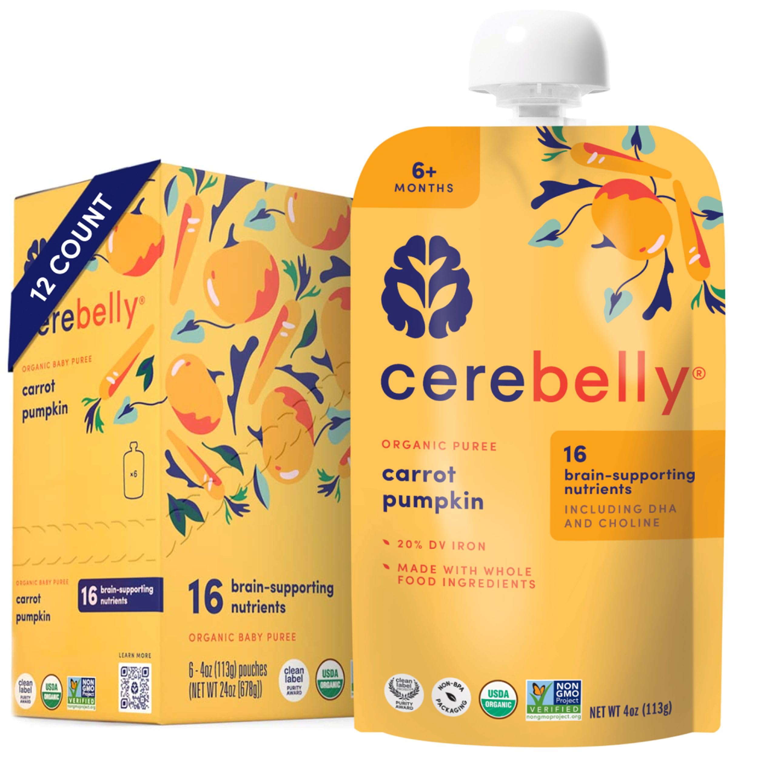 Cerebelly Organic Baby Food Pouches, Carrot Pumpkin Veggie Puree, 12ct