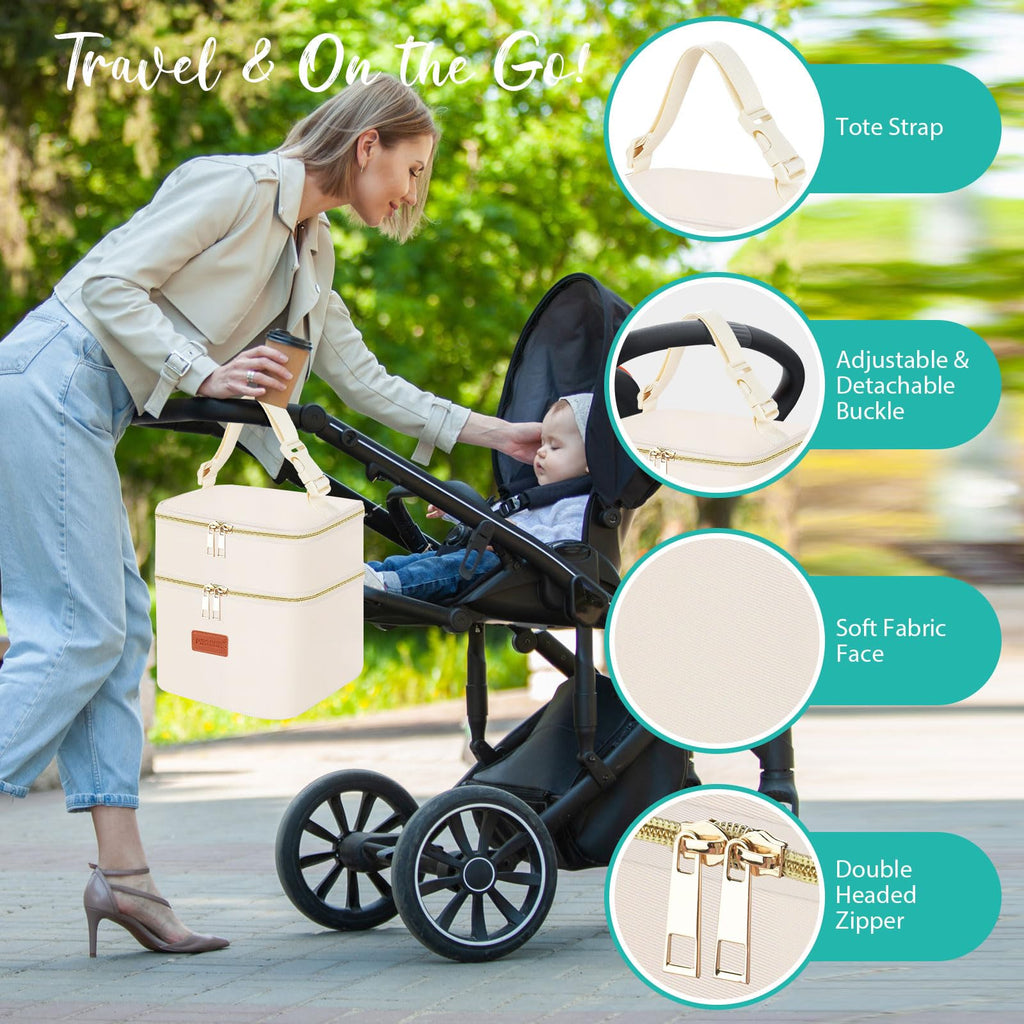 PIIOSER Insulated Baby Cooler Bag with Ice Pack, Fits 4 Baby Bottles Up to 5 Ounce, Portable Breastmilk Cooler Travel Bag with Buckle for Nursing & Working Mom Daycare, Cream