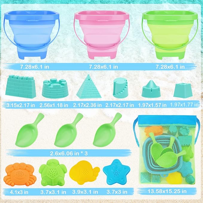 Collapsible Beach Toys for Kids, 3 Pack Foldable Sand Buckets and Shovels Set with Mesh Bag, Silicone Pails for Beach Travel Essentials, Easter Egg Hunt, Sand Toys Molds for Kids and Toddlers