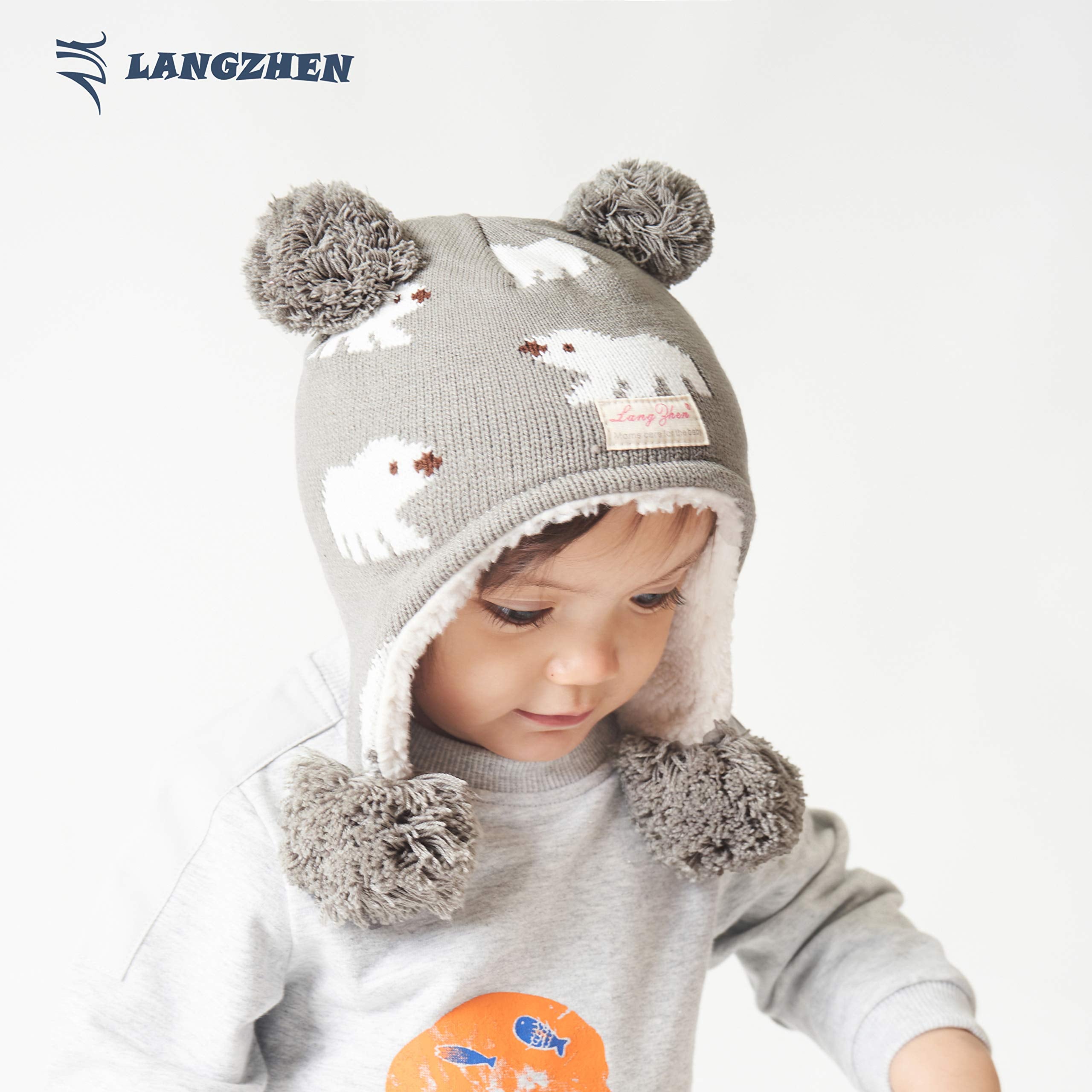 LANGZHEN Toddler Kids Infant Winter Hat,Earflap Knit Warm Cap Fleece Lined Beanie for Baby Boys Girls (Polar Bear - Grey, L(50-52CM/19.69"-20.47"))