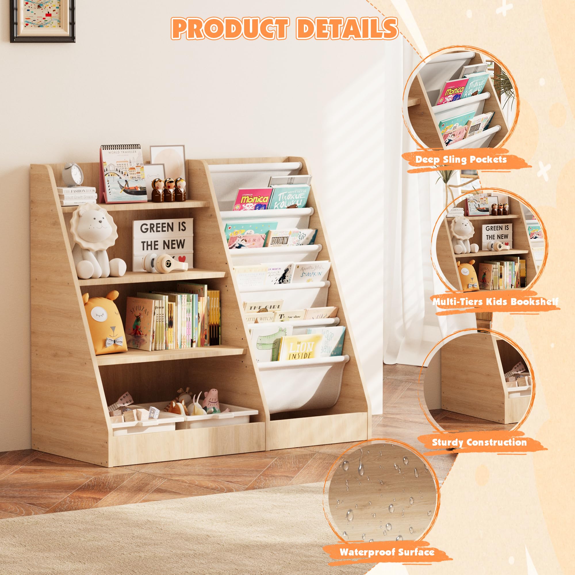 HedoAjim 4 Tier Kids Wooden Bookshelf,Five Layer Sling Children Bookcase,Baby Storage Book Rack,Book and Toy Organizer Cabinet Chest,Book Display Shelf,Playroom Nursery Classroom Library