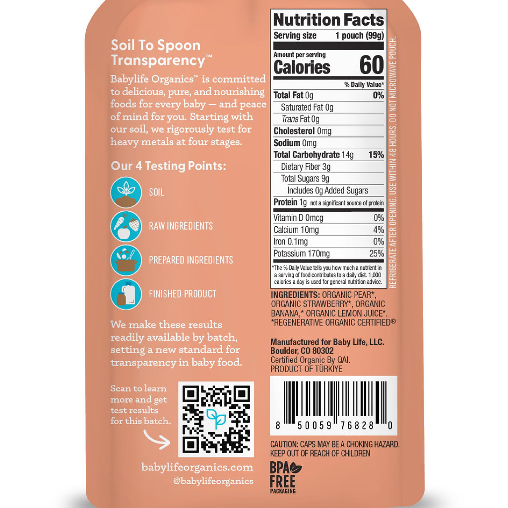 Babylife Organics Stage 2 - Pear, Strawberry & Banana, 3.5 Ounce Pouch (6 Pack) - Heavy Metal Safe, Organic Baby Food