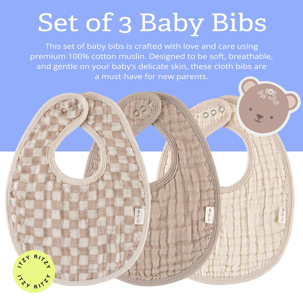 Itzy Ritzy Baby Bibs Set of 3, Ultra-Soft Cotton Muslin Bibs (Checkerboard)