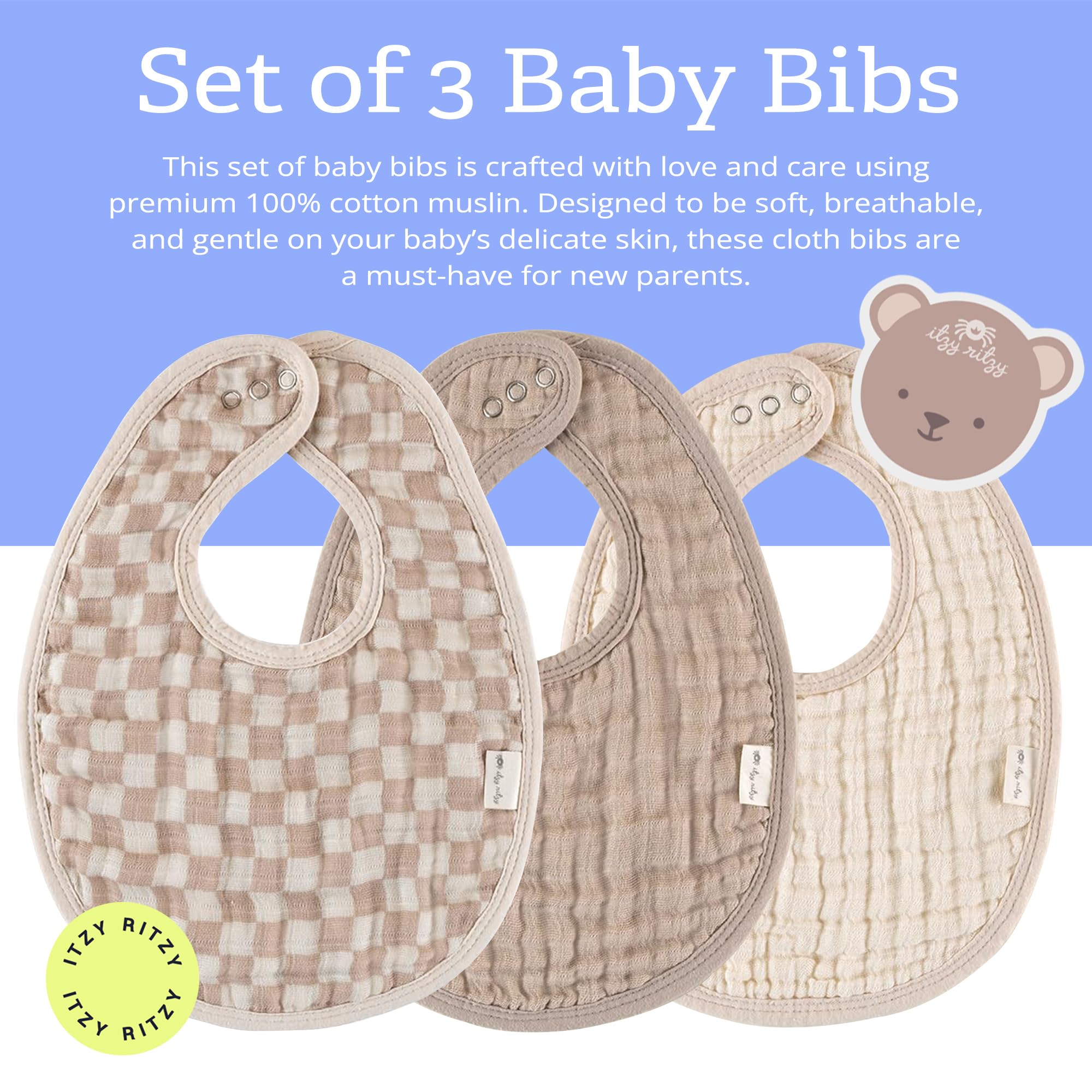 Itzy Ritzy Baby Bibs Set of 3, Ultra-Soft Cotton Muslin Bibs (Checkerboard)