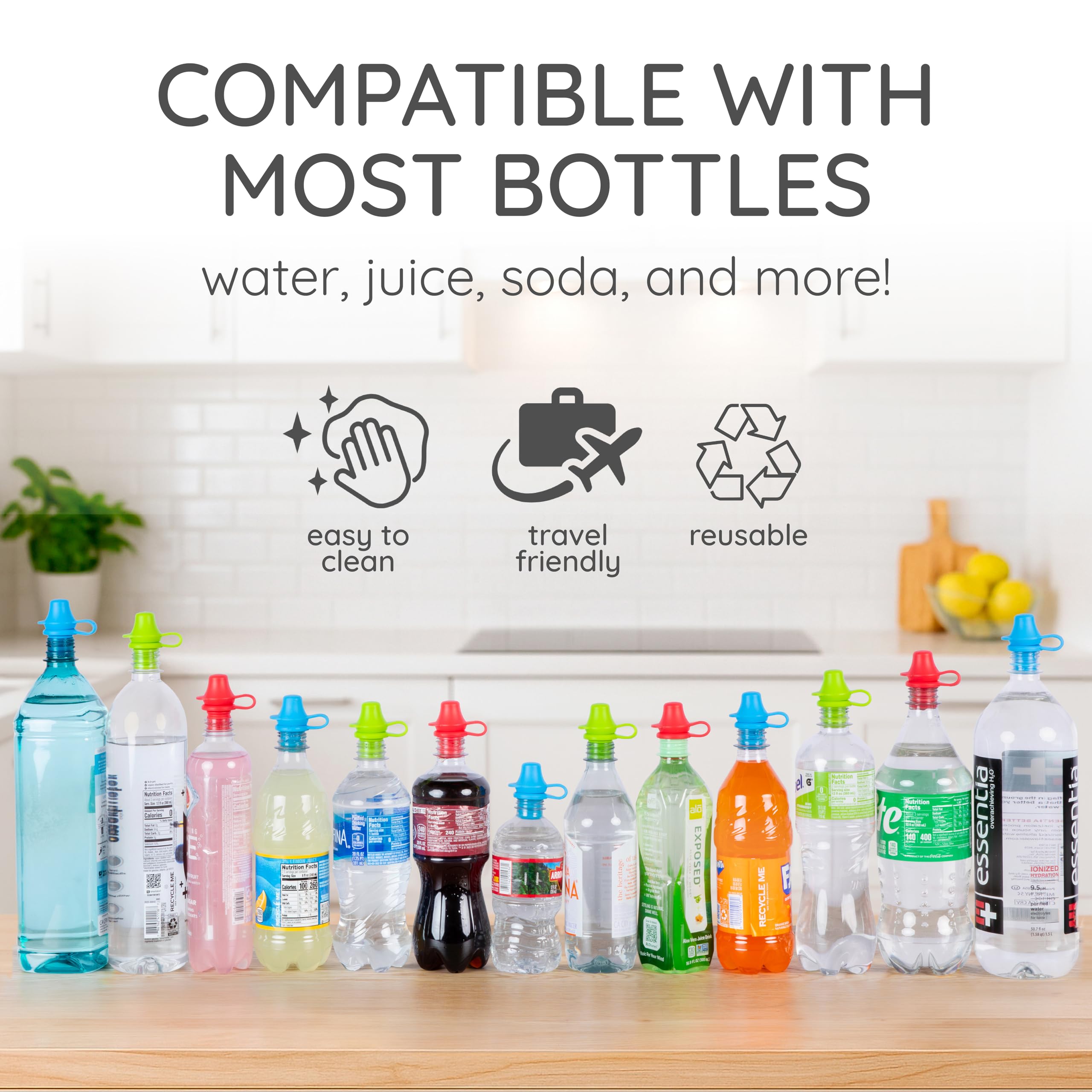 KiddiKap Original Bottle Topper, Silicone Sippy Spout, 3 Pack, Fits 28mm