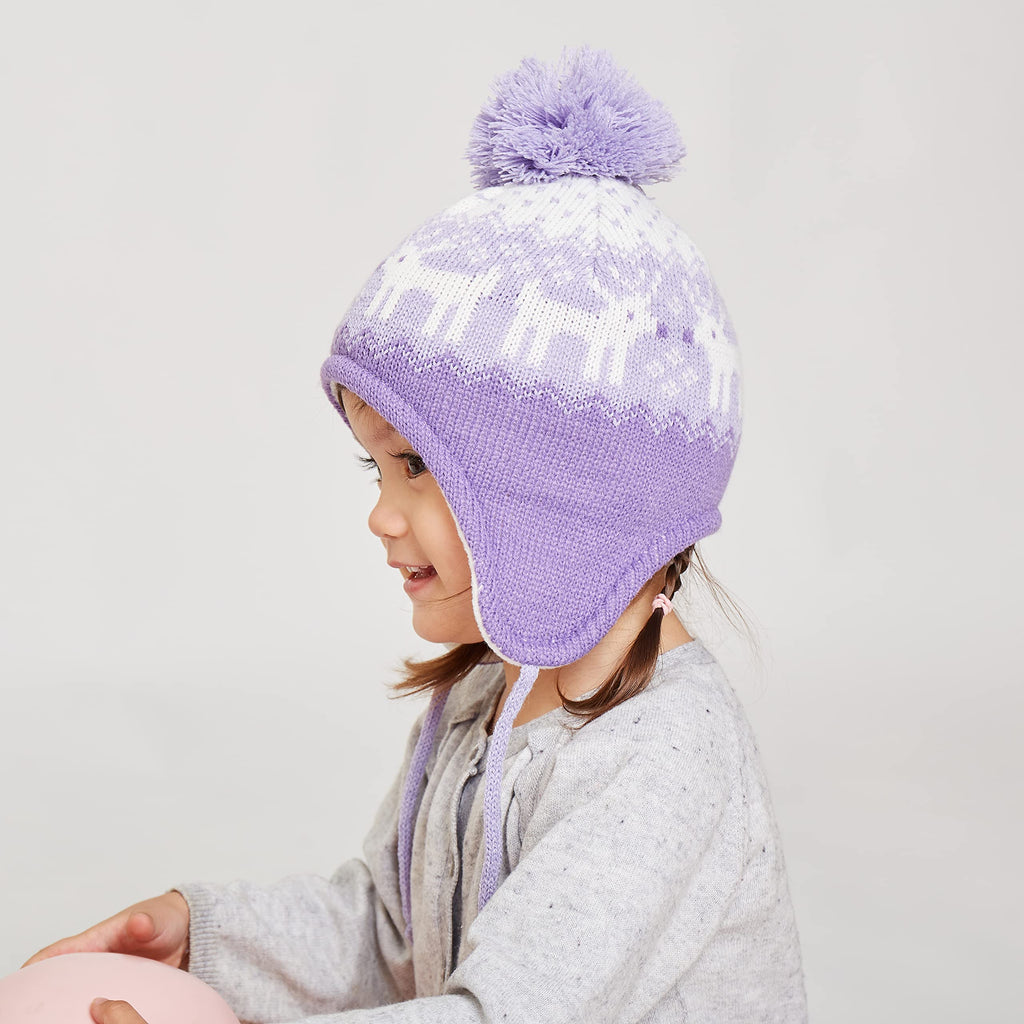 LANGZHEN Deer Hat for Girls Infant Pom Pom Beanie Kid Winter Hats Toddler Cap Knit Warm Beanies Caps for Baby Boys Girls(Deer-Purple,M(48-50CM/18.9"-19.69"))
