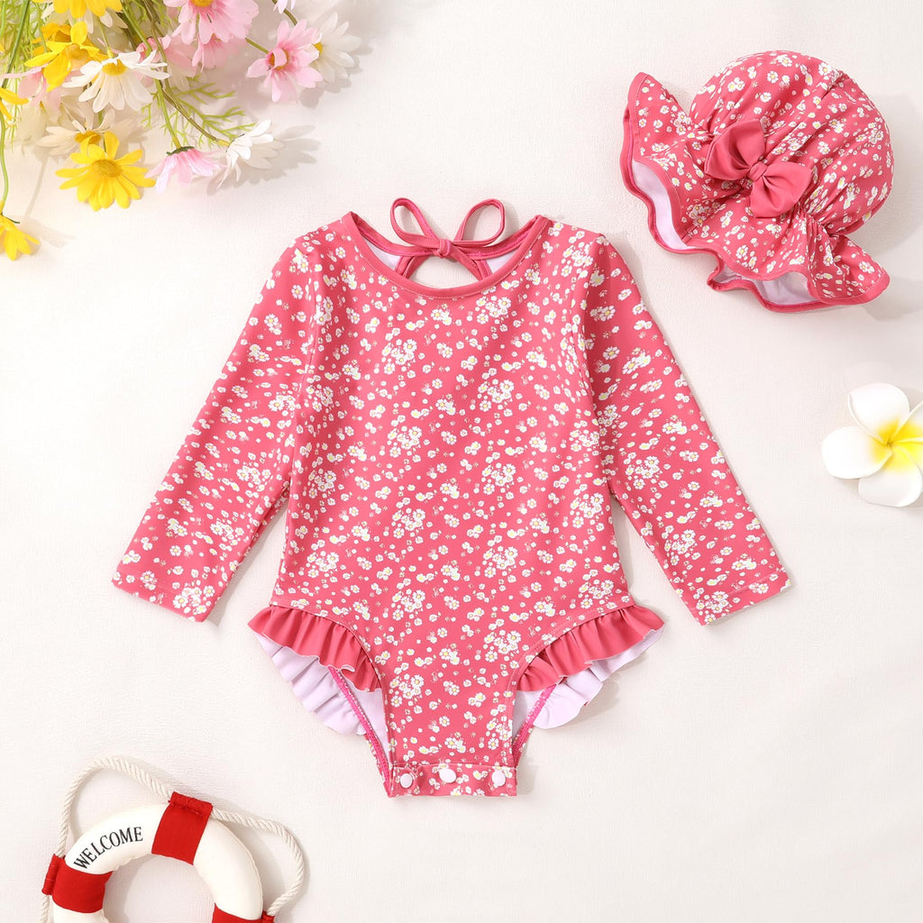 Infant Baby Girls Long Sleeve One Piece Swimsuit with Hat Floral Zipper Bathing Suit Leopard Beach Wear (Rose Red Edged Floral Fragments，18-24Months)