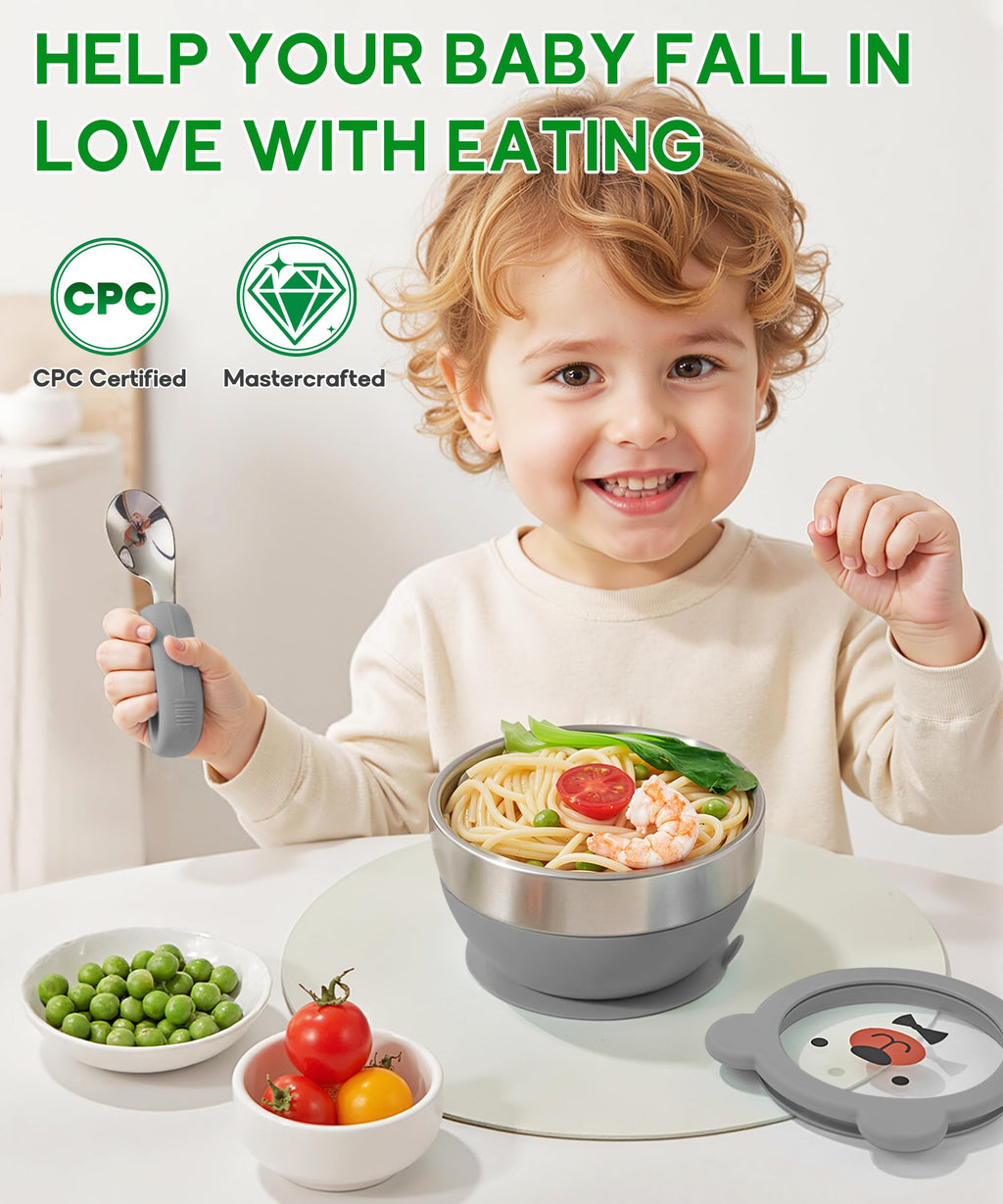 Mrs. Chou Suction Bowl and Spoon Set for Babies and Toddlers Non-Slip Silicone Suction Cups, Advanced 304 Stainless Steel Bowls, Double-Layer Insulation, and BPA-Free Lids Food-Grade Safety