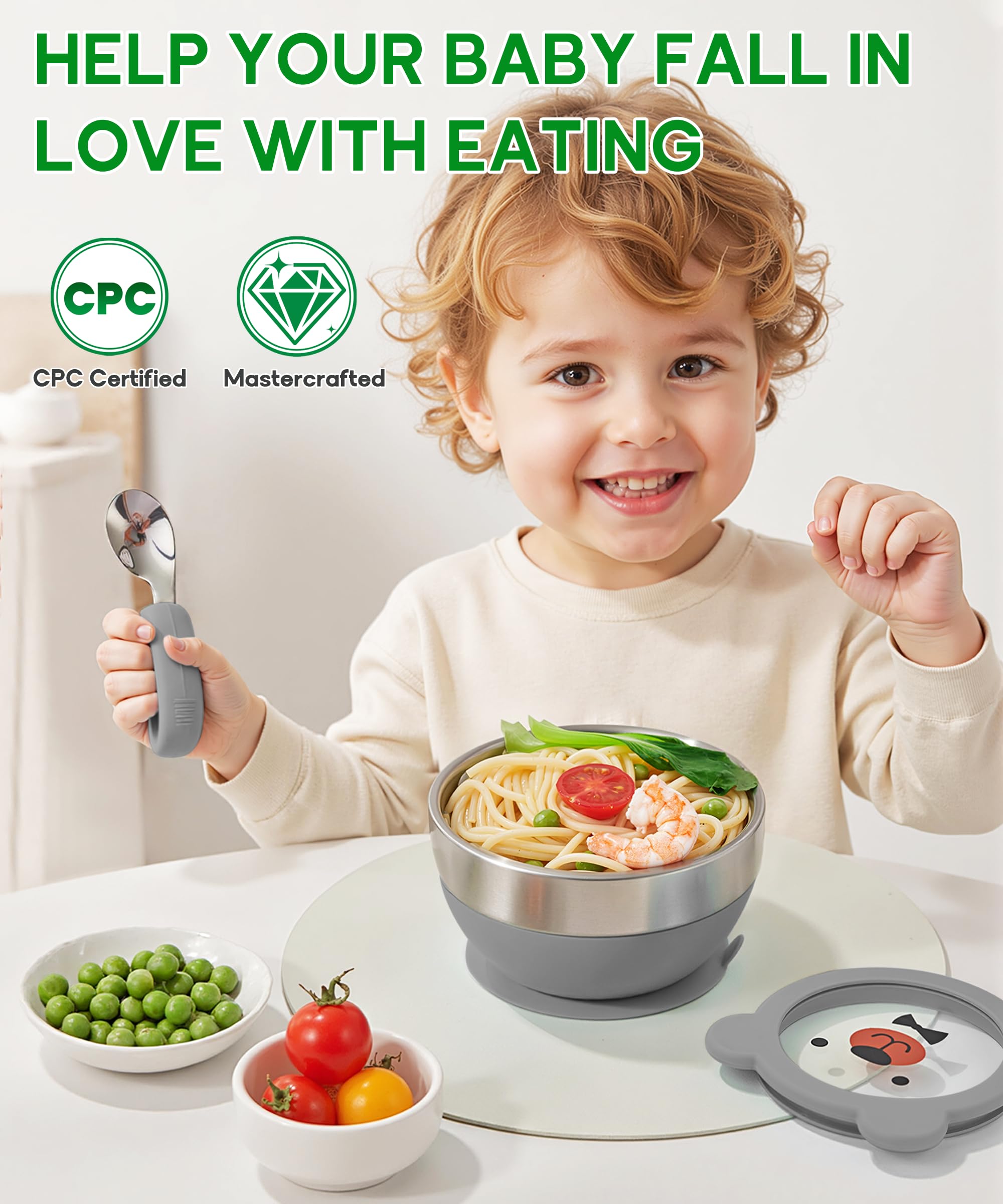 Mrs. Chou Suction Bowl and Spoon Set for Babies and Toddlers Non-Slip Silicone Suction Cups, Advanced 304 Stainless Steel Bowls, Double-Layer Insulation, and BPA-Free Lids Food-Grade Safety