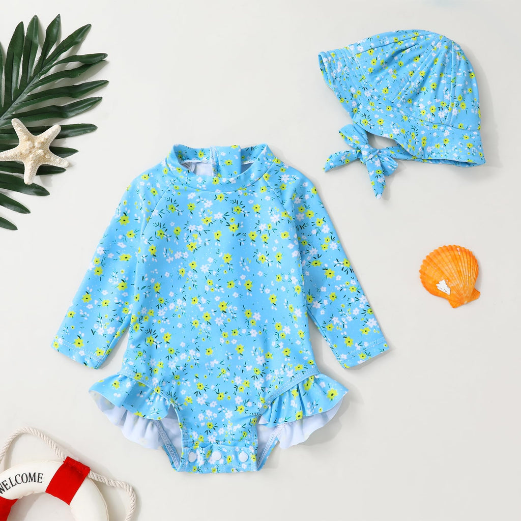 Infant Baby Girl Swimsuit One-Piece Long Sleeve Rash Guard with Hat Set Floral Zipper Bathing Suit Leopard Beach Wear