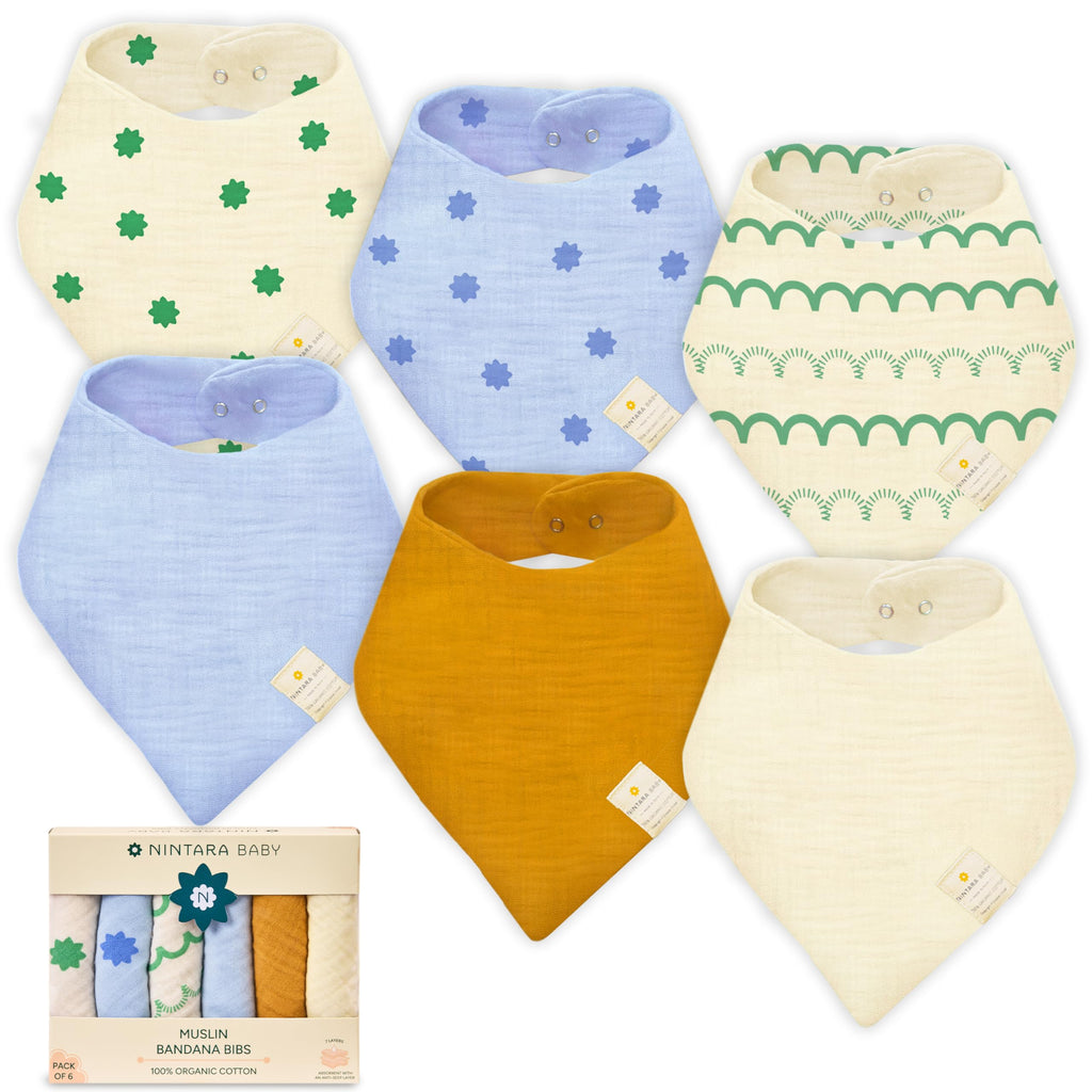 NINTARABABY Bandana Bibs – 100% Organic Muslin Cotton, Pack of 6