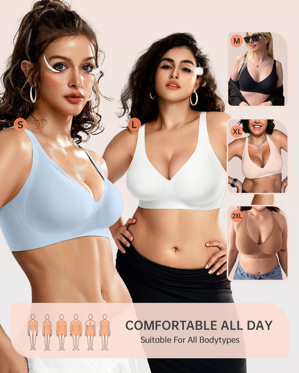 OEAK Womens Deep V Bras Wireless Comfortable Bra Supportive No Underwire Bras Tshirt Push Up Bralettes Plunge Seamless Bra Sky Blue L