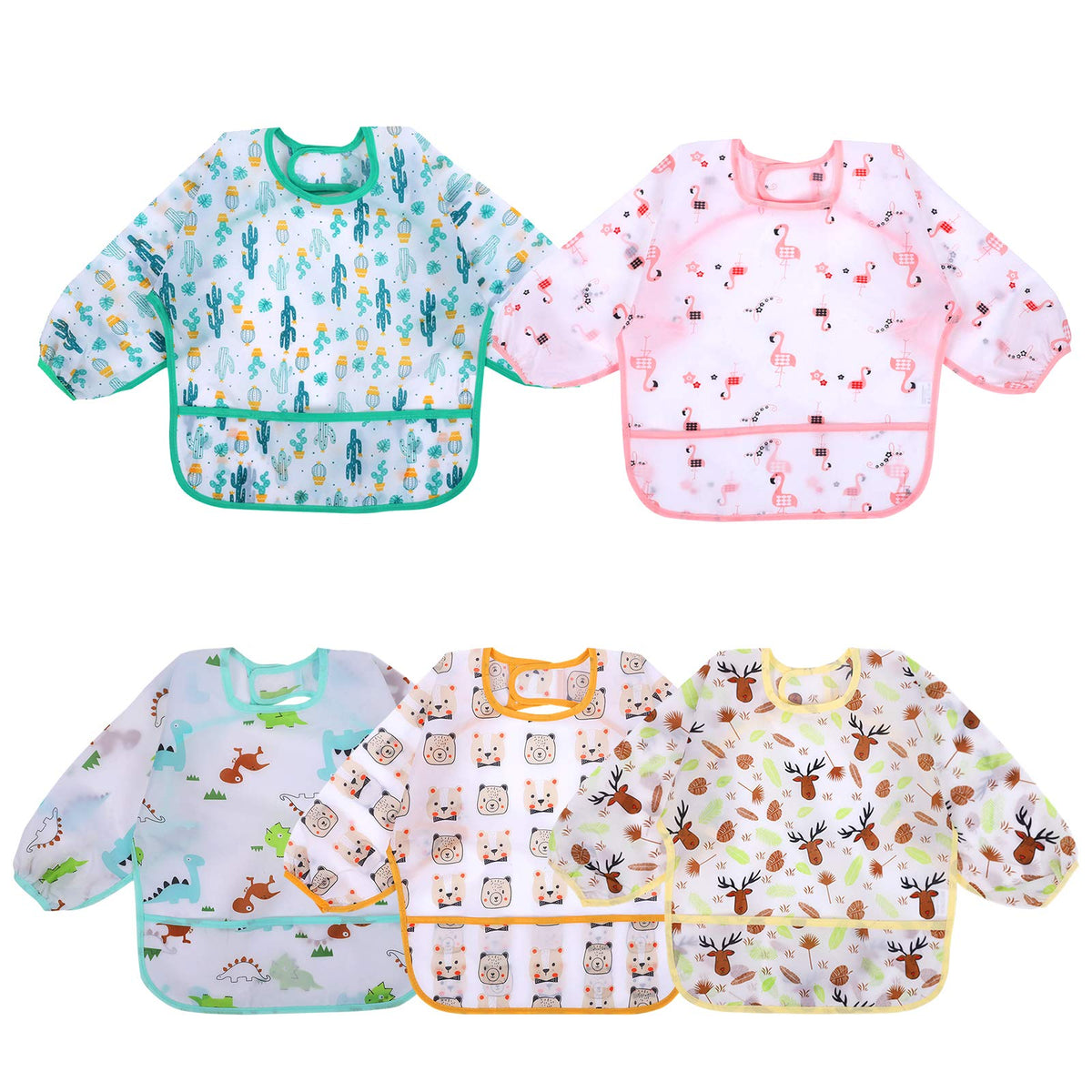Accmor 5 Pack Long Sleeve Bibs, Baby Smock Waterproof Sleeved Bib Smock for Baby Toddler 6-24 Months