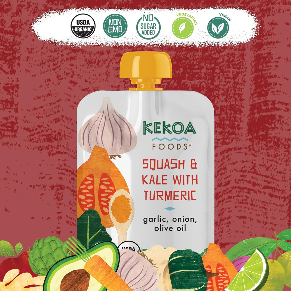 Kekoa Foods Squash & Kale with Turmeric Baby Food Purée | 100% USDA Certified-Organic Vegetarian Squeeze Pouch | Organic, Non-GMO, Gluten-Free, Vegan | Nutritious First Food for Babies | 3.5 oz