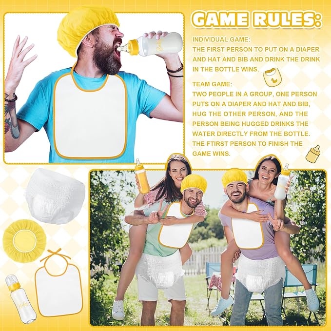 6 Sets Bottle Chug Baby Shower Games Juegos Para Plastic Baby Bottles Bibs Hat Disposable Diapers Gender Reveal Games Baby Changing Diaper Race Game Decoration (Yellow)