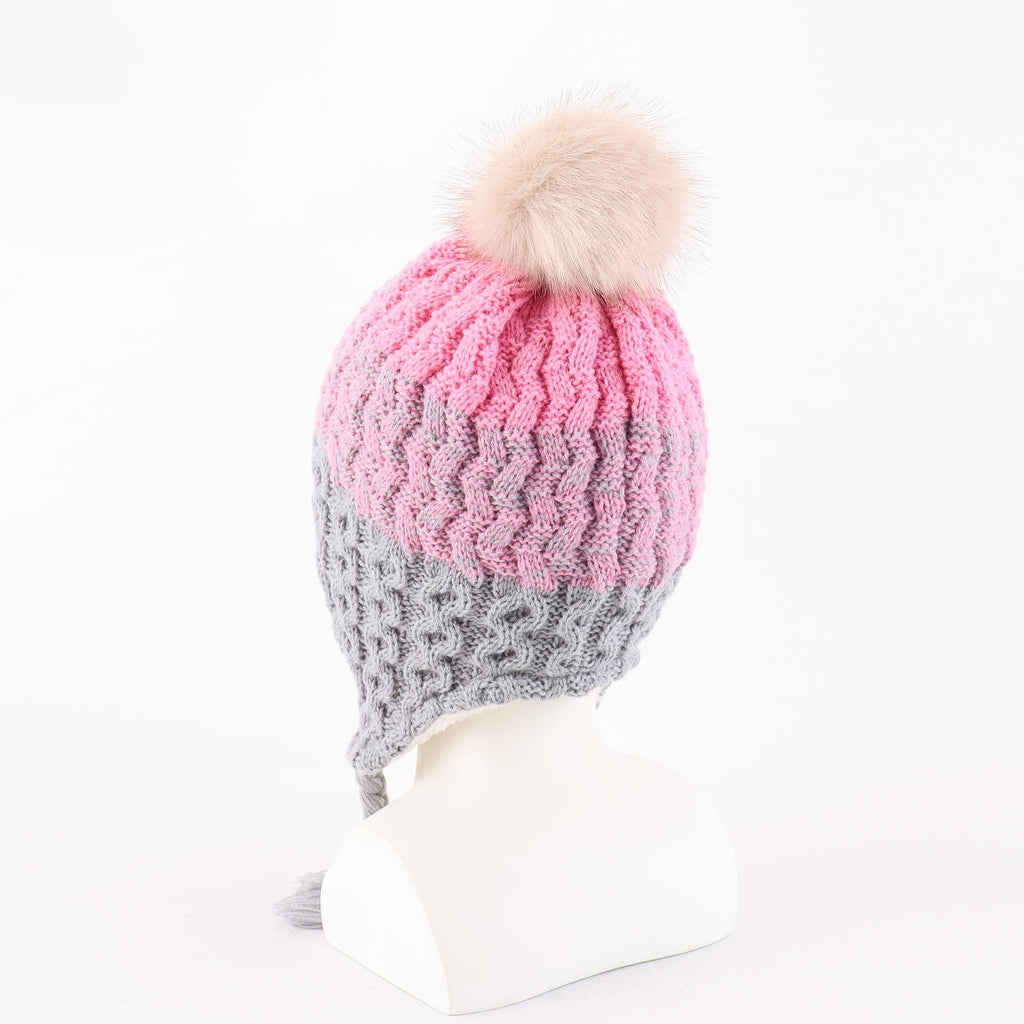 LANGZHEN Infant Pom Pom Beanie Kid Winter Hats Toddler Cap Knit Warm Beanies Caps for Baby Boys Girls(Gradient- Pink+Grey,12-24 Months)