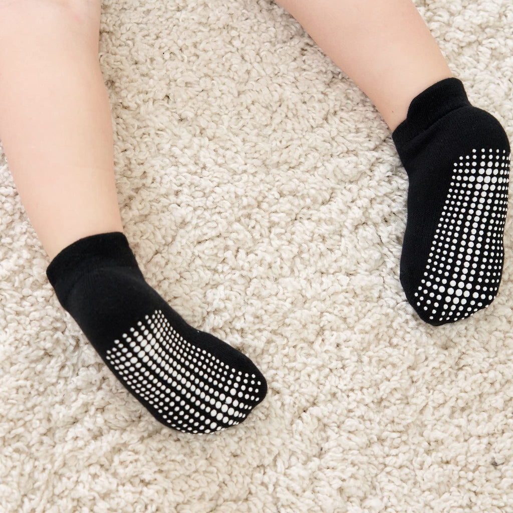 Zaples Baby Non Slip Grip Ankle Socks with Non Skid Soles for Infants Toddlers Kids Boys Girls, Black, 0-6 Months
