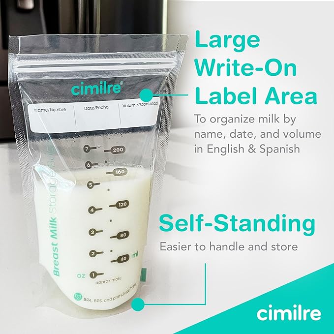 Breast Milk Storage Bags by Cimilre, Leak-Proof Breastmilk Storage Bags, Freeze Flat or Standing, 7 oz. Bags (100 Pack)