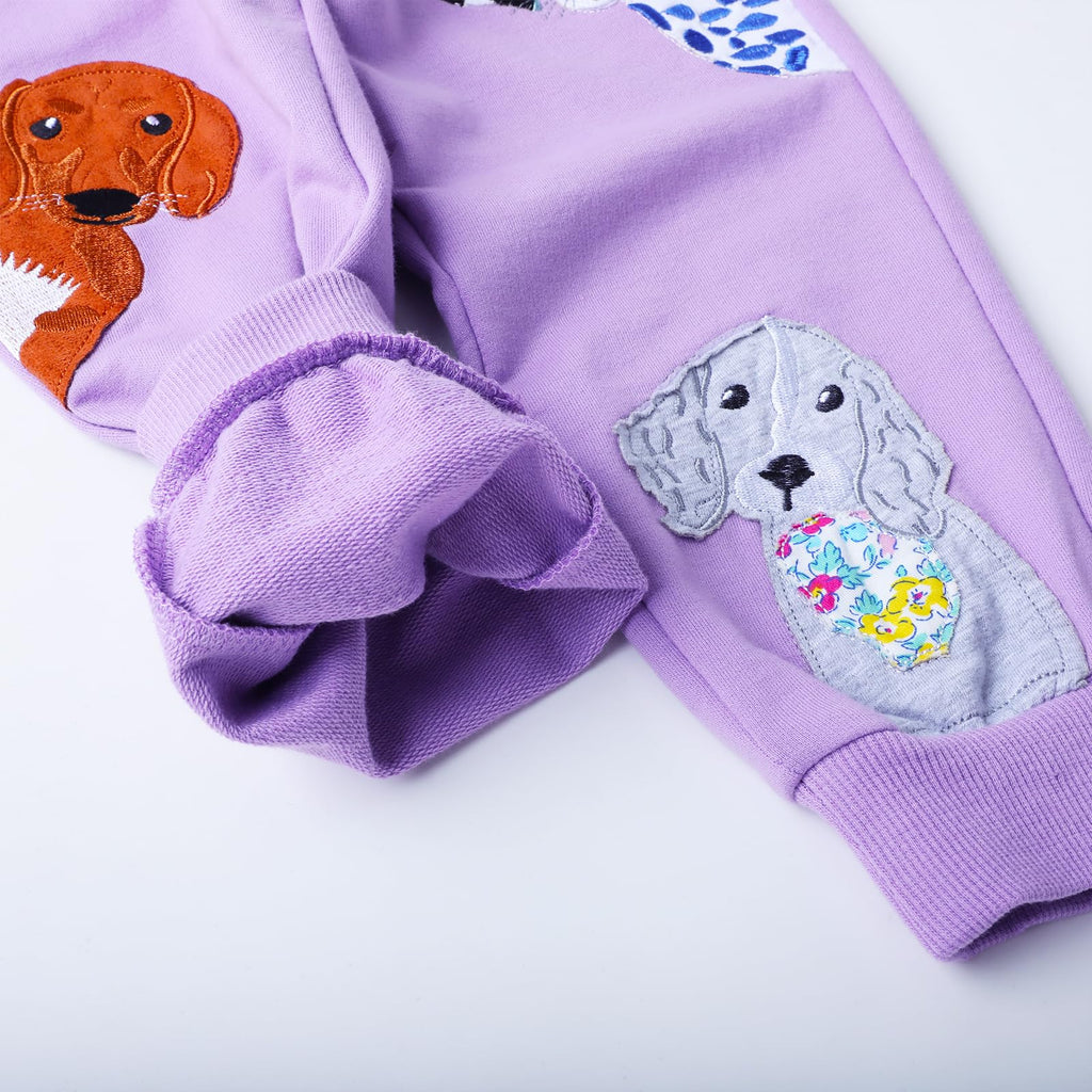 HILEELANG Baby Girls Cotton Joggers Sweatpants Animal Embroidery Drawstring Waist and Pockets-Pink Purple Casual Athletic Pants for Kids 18M