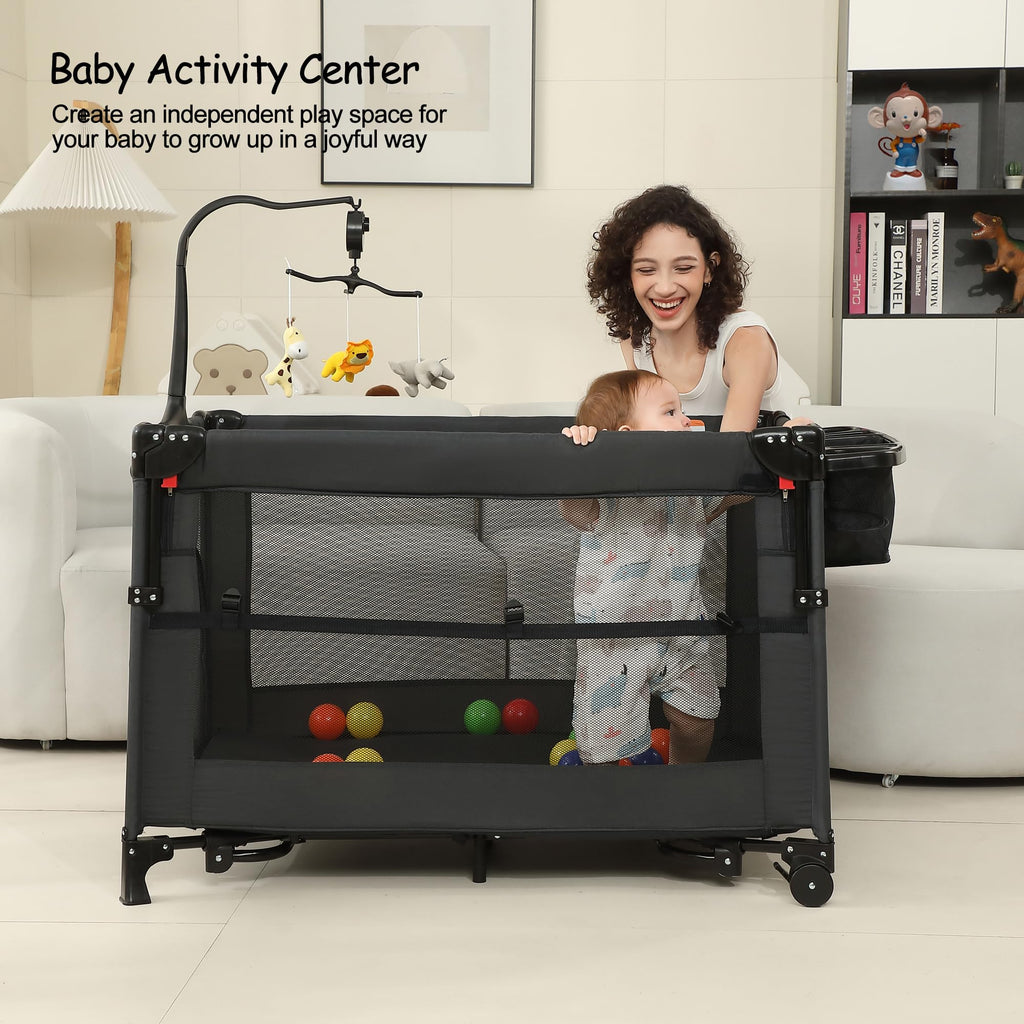 Pack and Play, Baby Bassinet Bedside Sleeper, Baby Playard with Changing Table, Foldable Travel Playard for Newborn to Toddlers (Black)