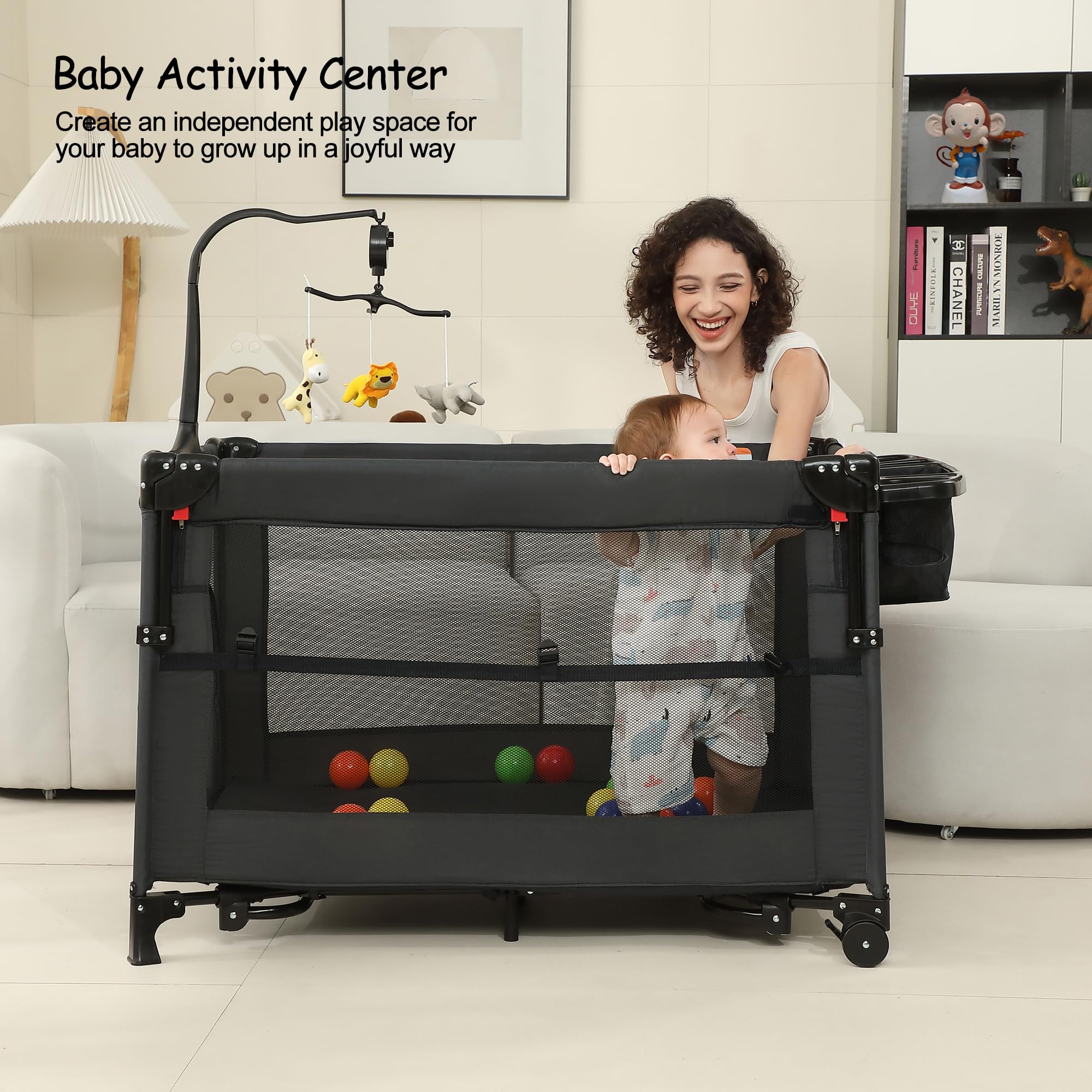 Pack and Play, Baby Bassinet Bedside Sleeper, Baby Playard with Changing Table, Foldable Travel Playard for Newborn to Toddlers (Black)