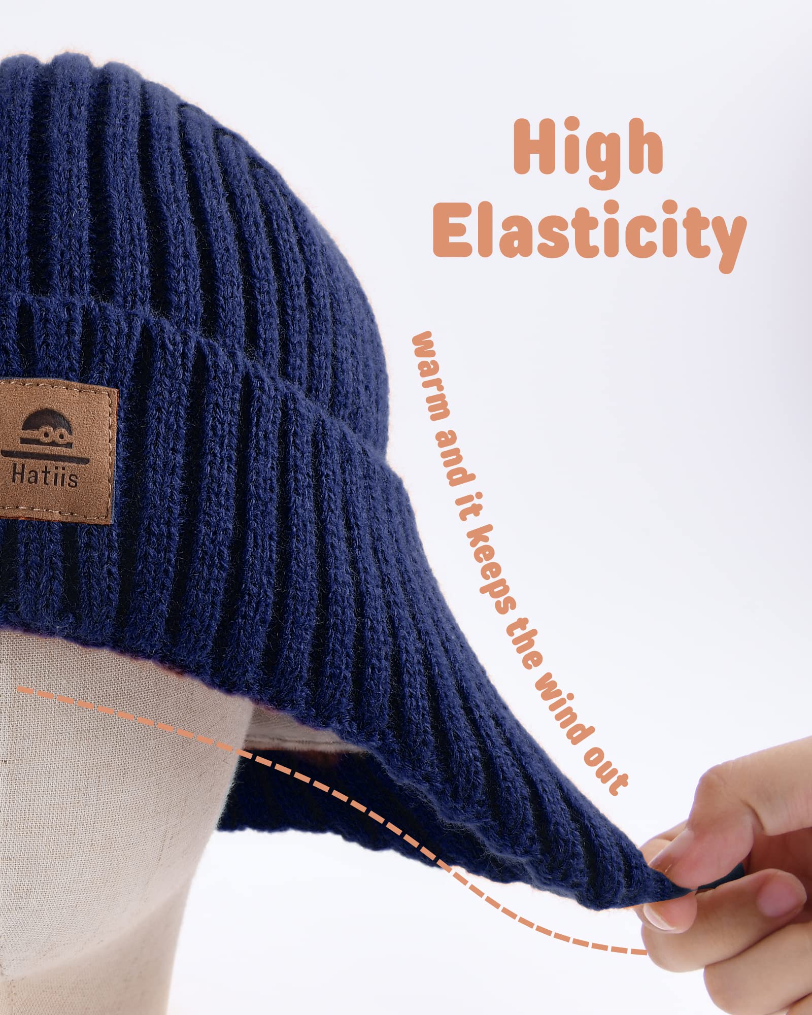 Baby Beanie Fleece Lined Toddler Winter Hat with Ear Flaps Little Girls Boys Warm Hats Cute Beanies for Kids Navy