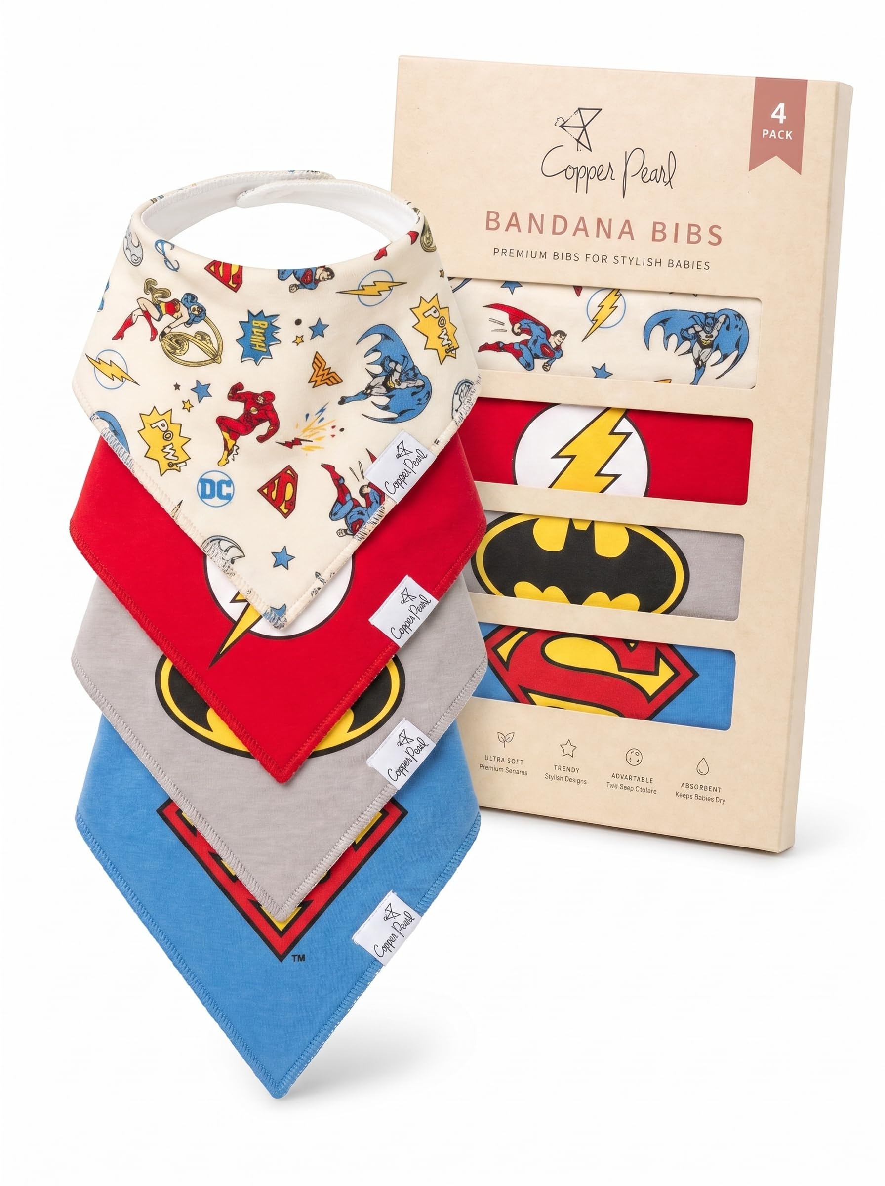 Copper Pearl Baby Bibs for Baby Boy or Girl – Bandana Drool Bibs for Teething, Absorbent Bibs for Eating, Newborn to Toddler, 4 Pack, Justice League