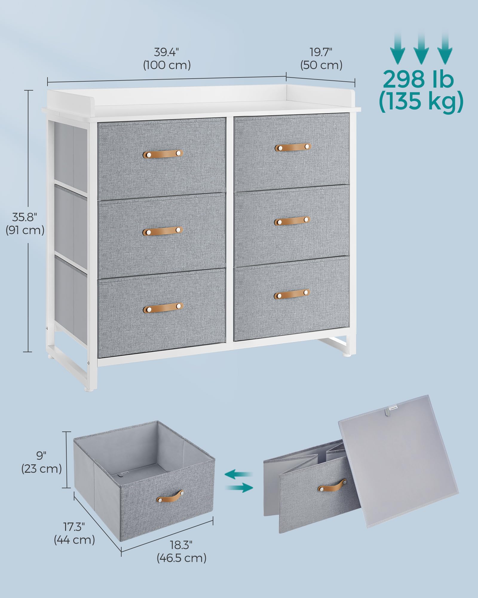 SONGMICS Kids Dresser with 6 Drawers, Boys Girls Dresser, with Water-Resistant Tabletop, Storage Organizer Cabinet, for Bedroom Hallway, Gray UGKR101G01